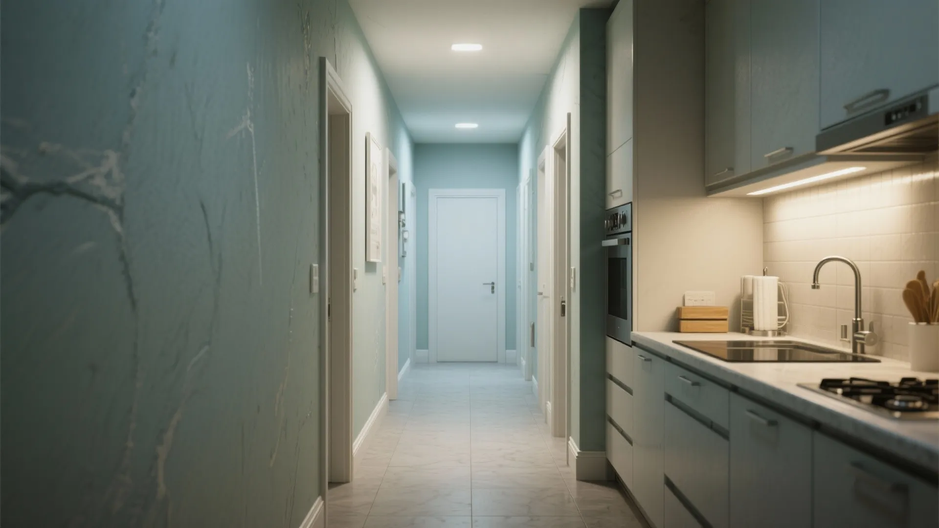Modern narrow kitchen view with white cabinets marble countertop sink and a long blue hallway