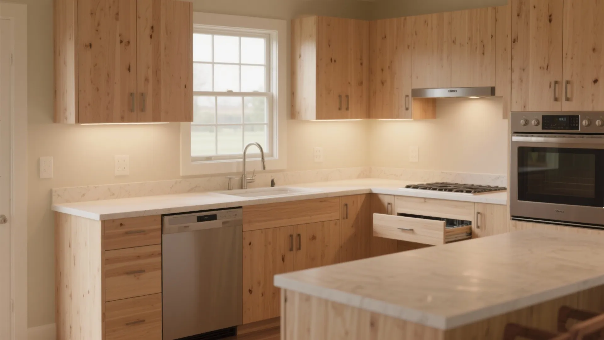 Modern kitchen with wood cabinets white countertops silver appliances sink near window and warm lighting