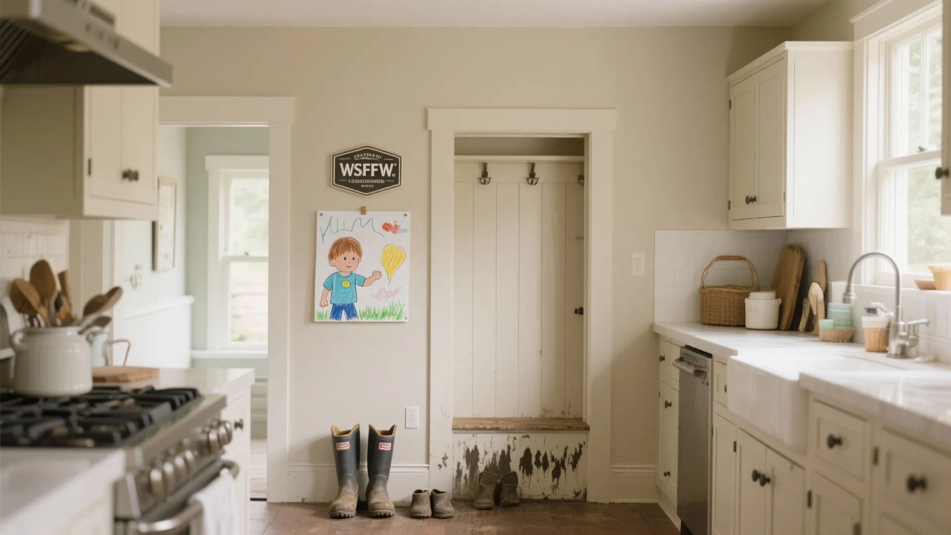 Cream kitchen with white cabinets wooden floors a child drawing and boots in the entryway