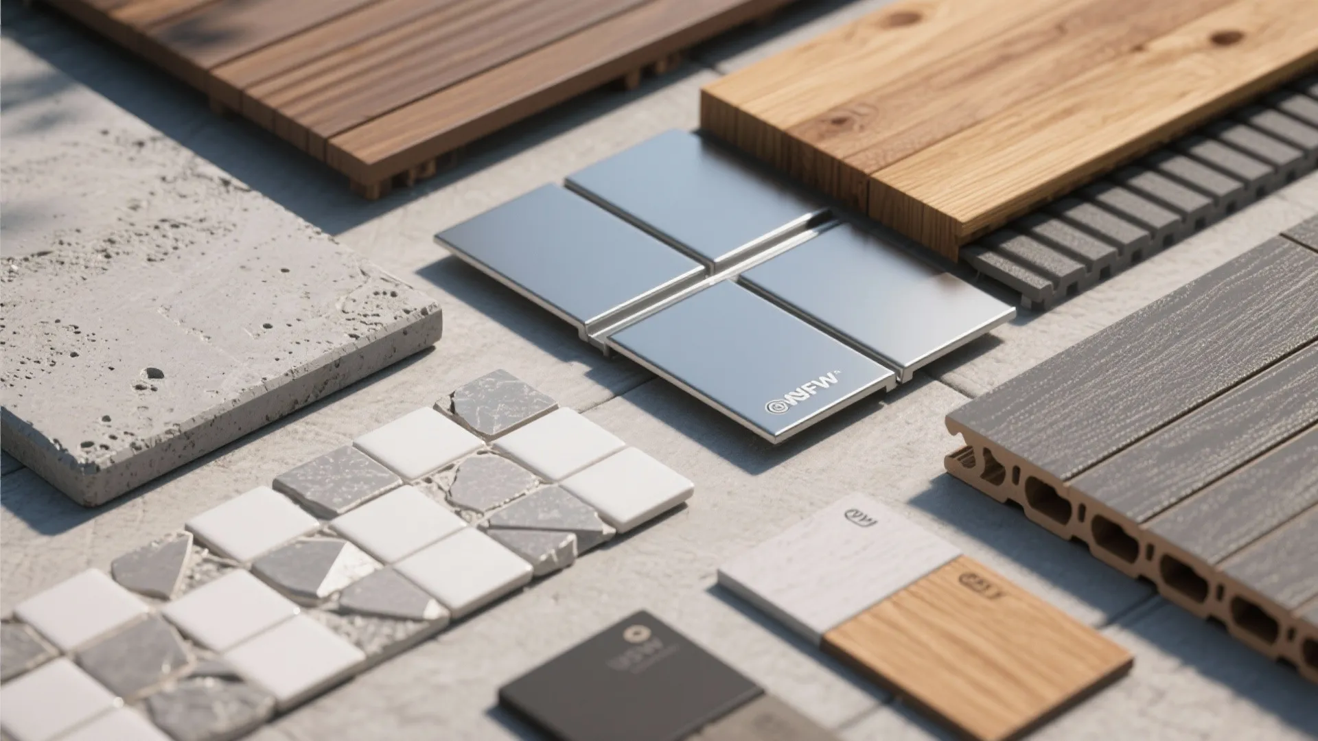 Flatlay of outdoor materials: sealed concrete, porcelain tile, stainless steel, cedar and composite samples.