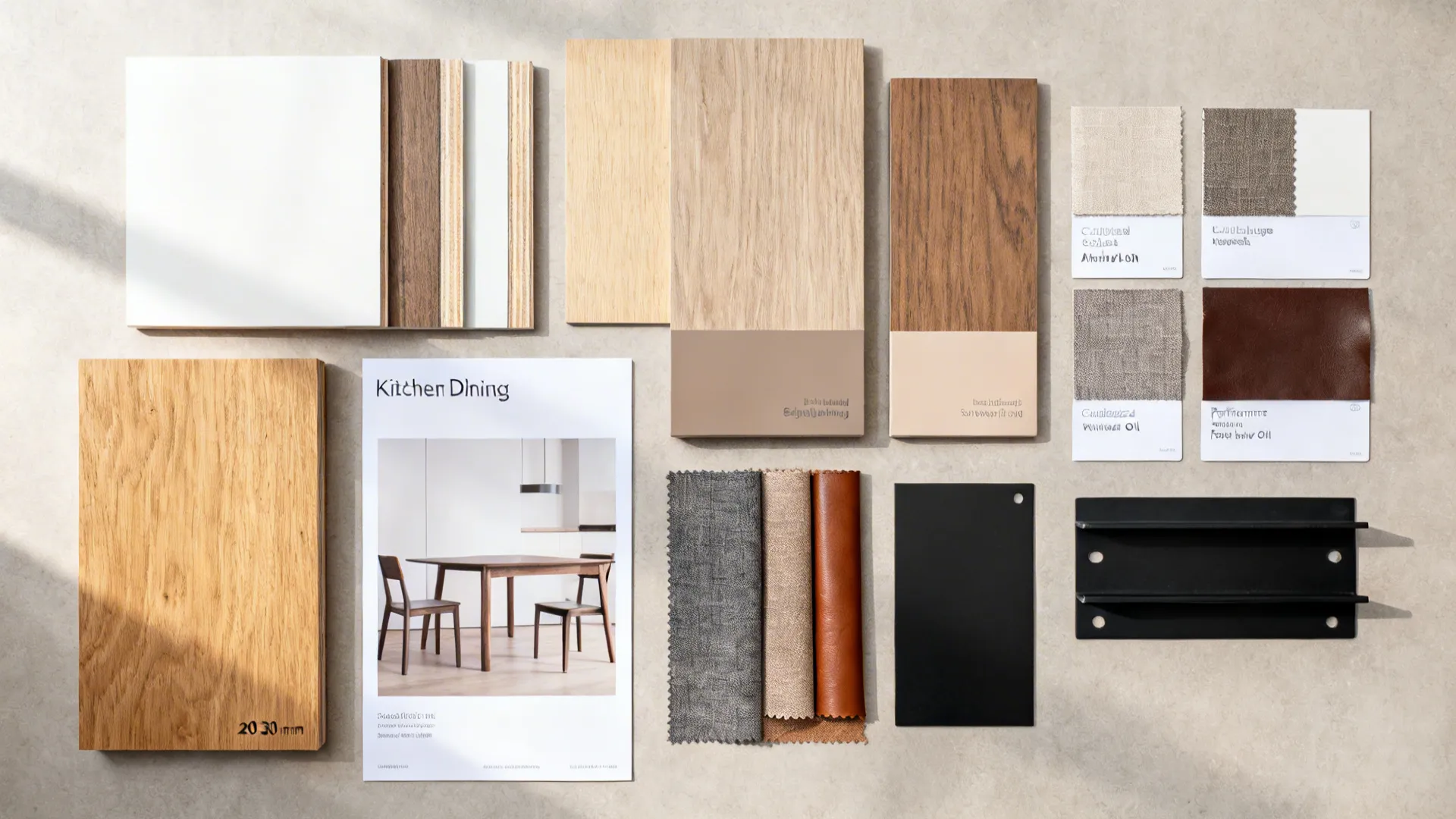 Flat lay of wood samples, finish cards, and fabric swatches for durable kitchen tables and chairs.