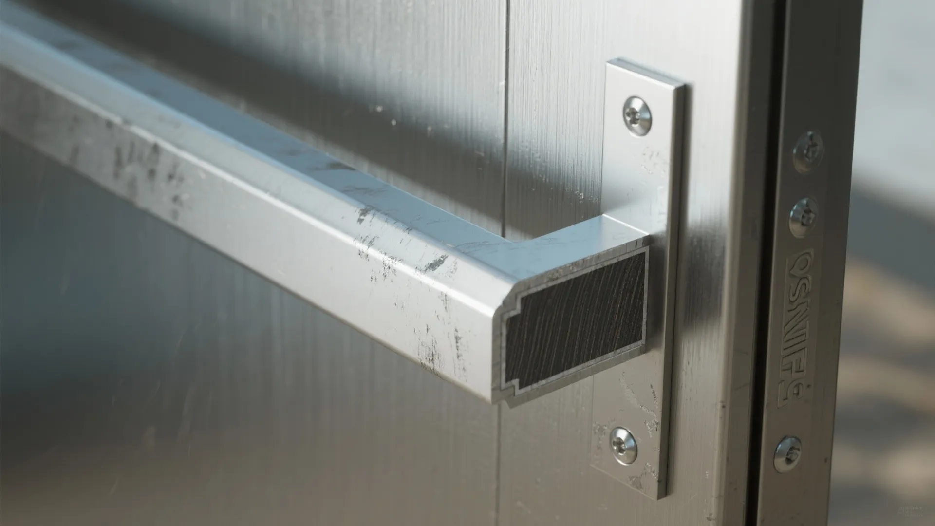 Close-up of stainless steel swing door face and solid-core laminate edge with visible seal and hinge mount.