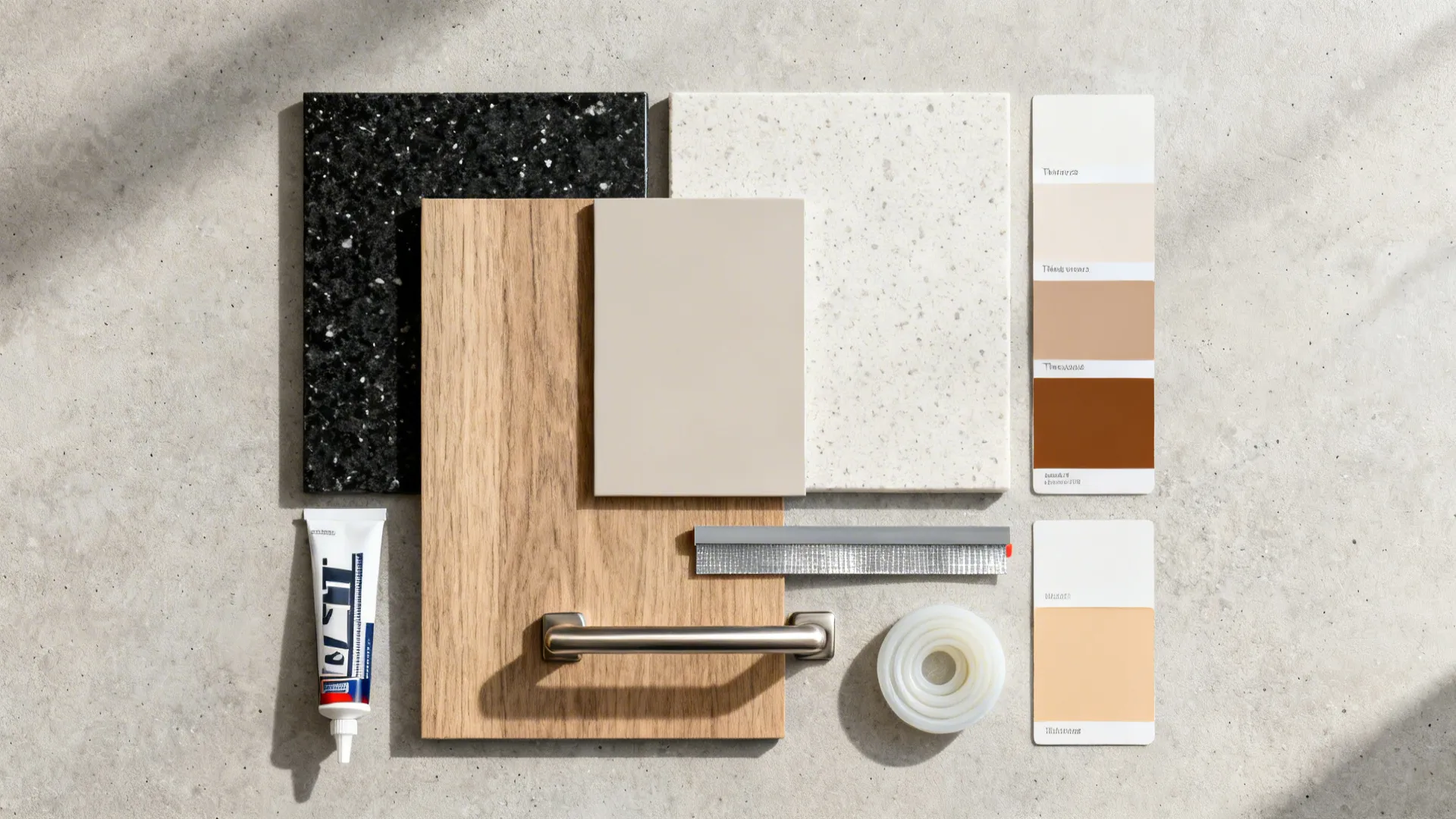 Flat lay of granite, quartz, wood-look laminates, and hardware for a durable kitchen.