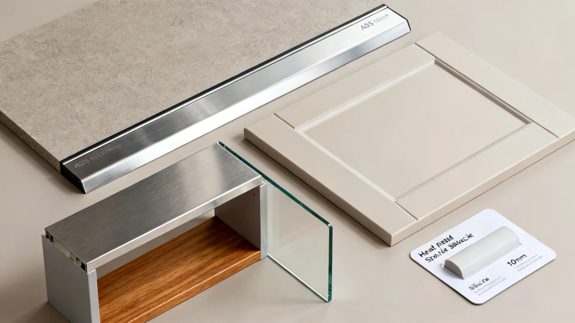 Flatlay of compact laminate, ABS edging, stainless pieces, and pale laminate fronts.