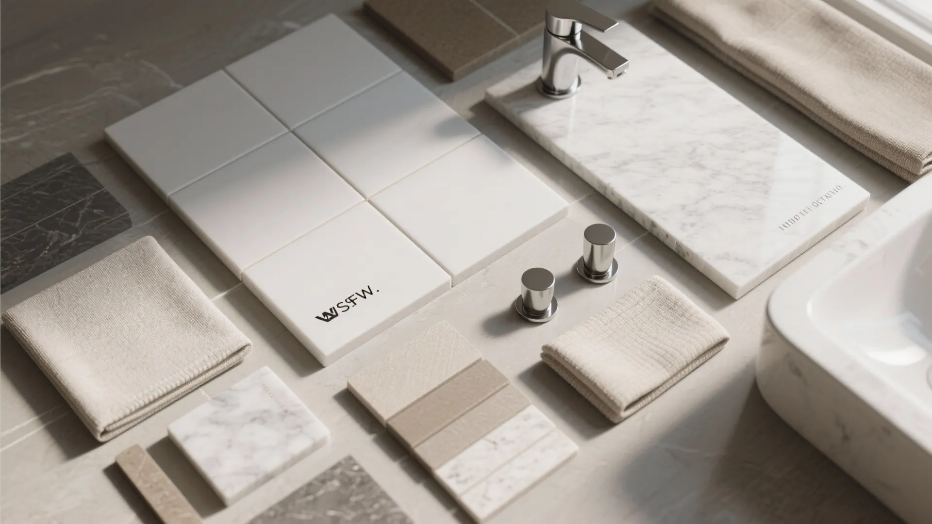Interior design material samples with white tiles, marble slabs, fabric swatches, and a silver faucet