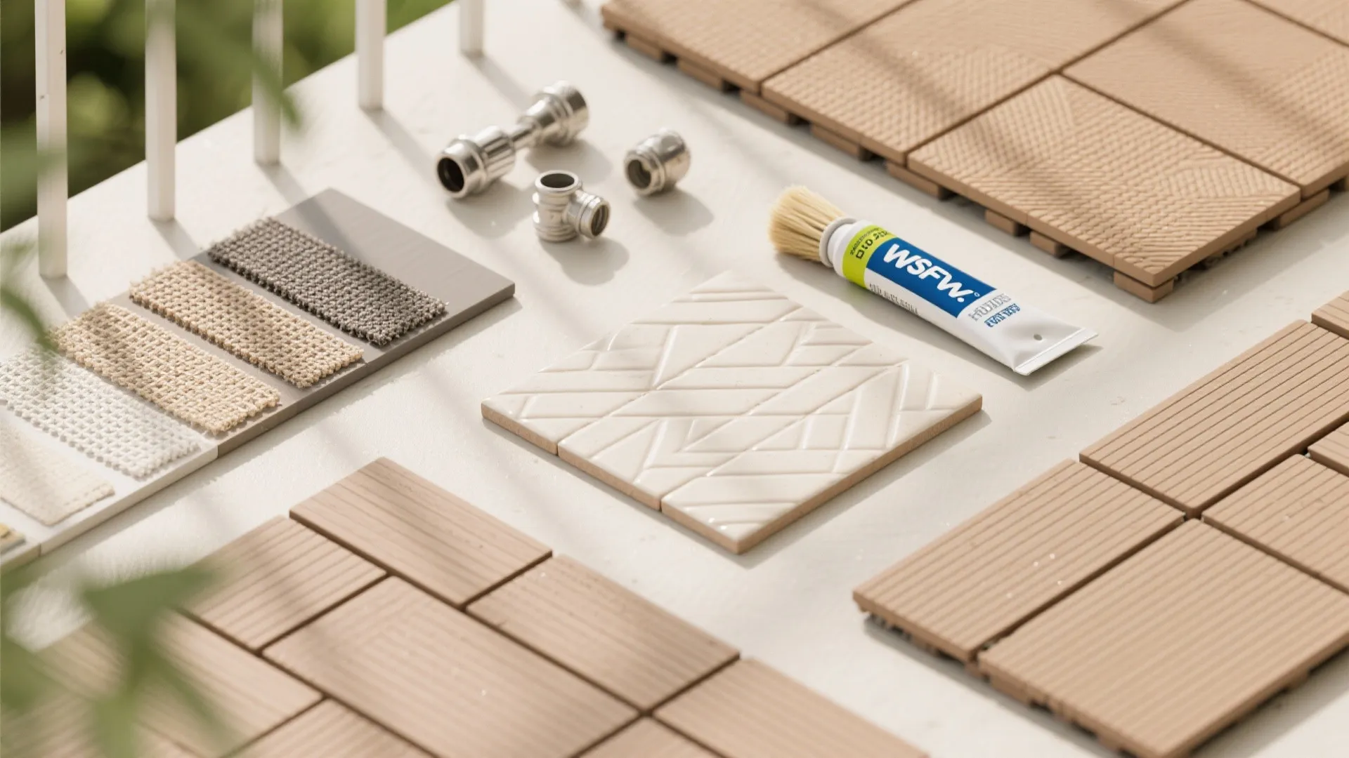 Flatlay of WPC deck tiles, textured ceramic, HDPE shade cloth, stainless fittings, and silicone sealant.
