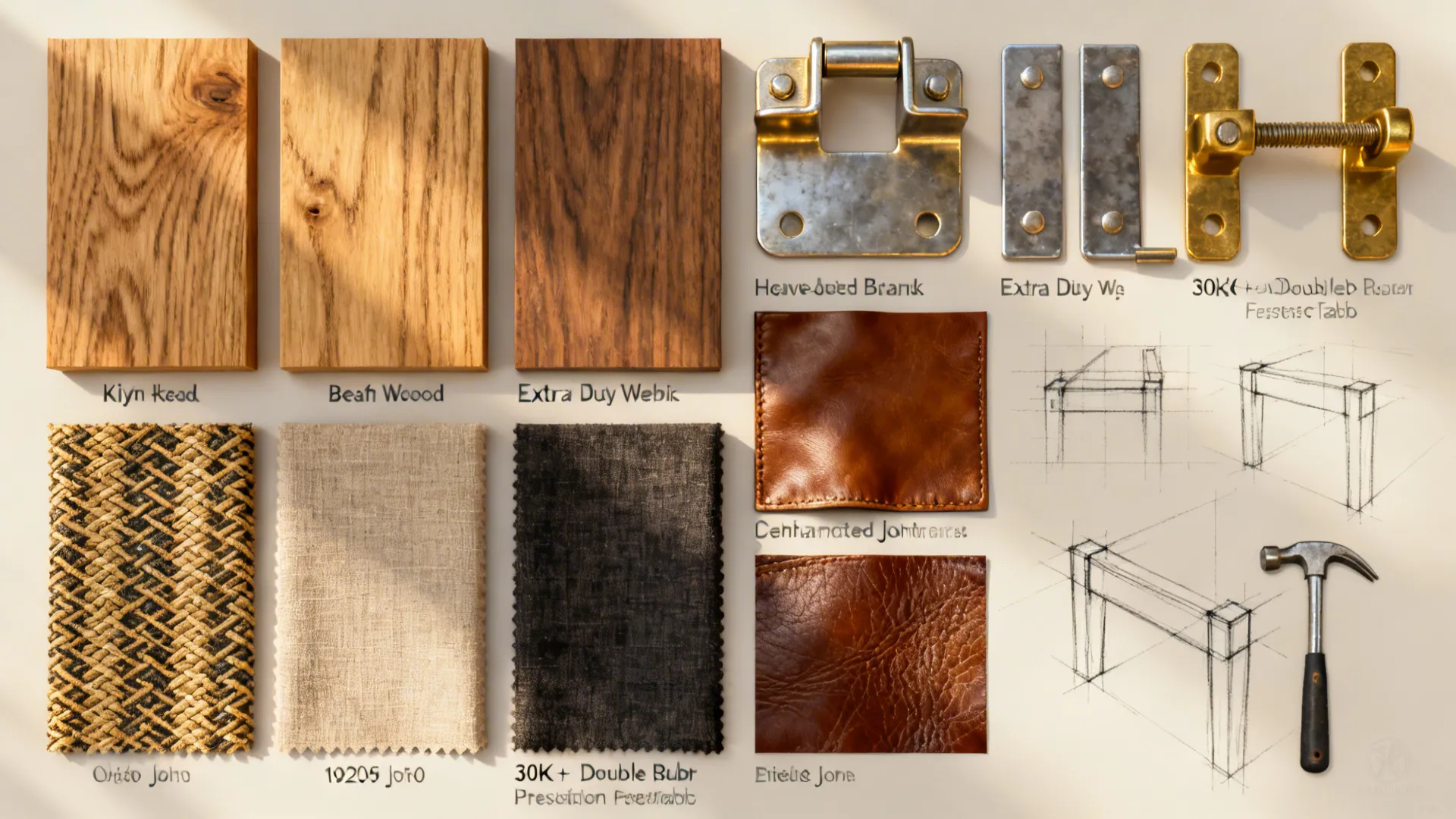 Collection of wood planks, fabric swatches, leather patches, metal hardware, furniture sketches, and a hammer