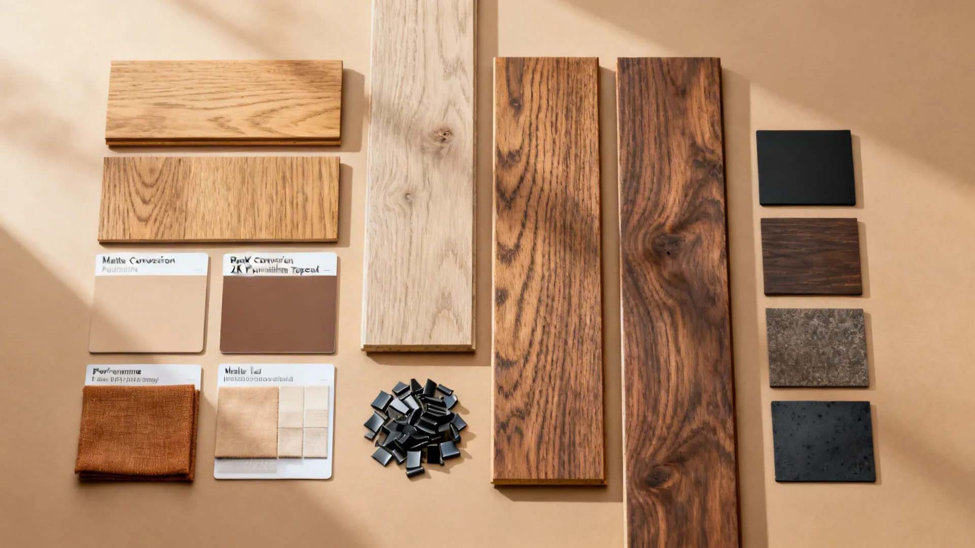 Flat lay of oak, ash, walnut samples with matte topcoats and neutral performance fabrics.