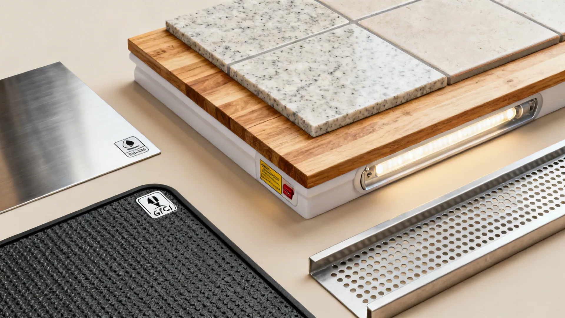 Flat lay of stainless, quartz composite, quarry tile, LED fixture, and ergonomic accessories.