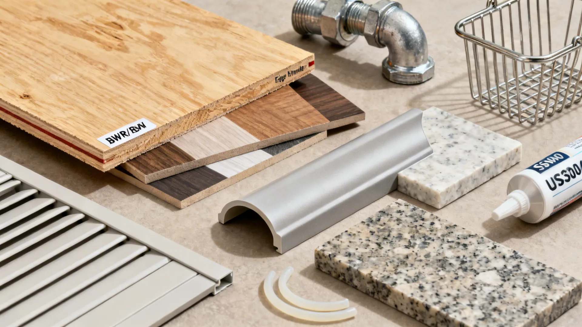 Flatlay of BWP plywood, laminate swatches, SS304 hardware, and quartz for kitchen durability