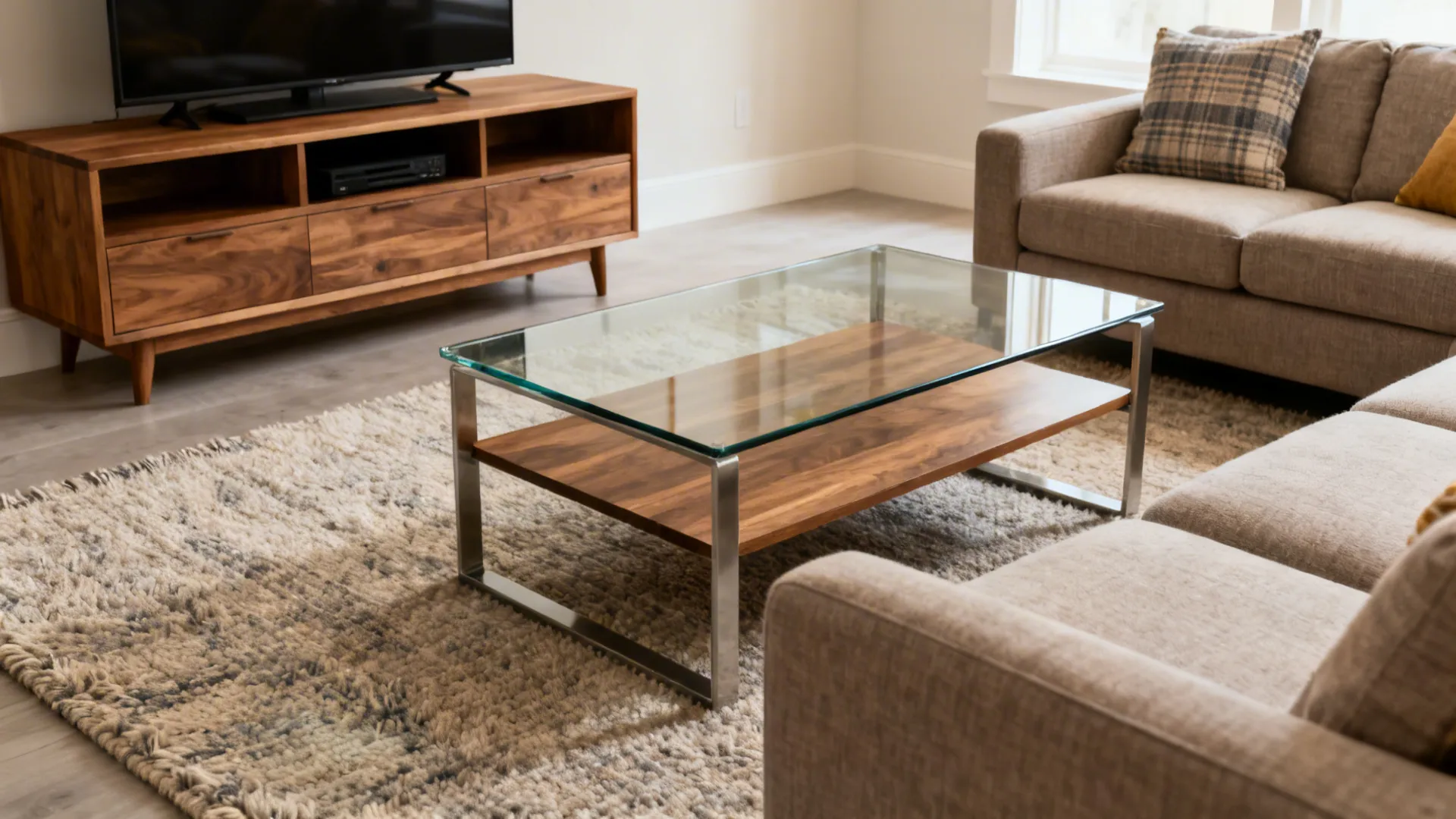 Small living room with a performance fabric sofa, glass coffee table, wood console, and wool-blend rug.