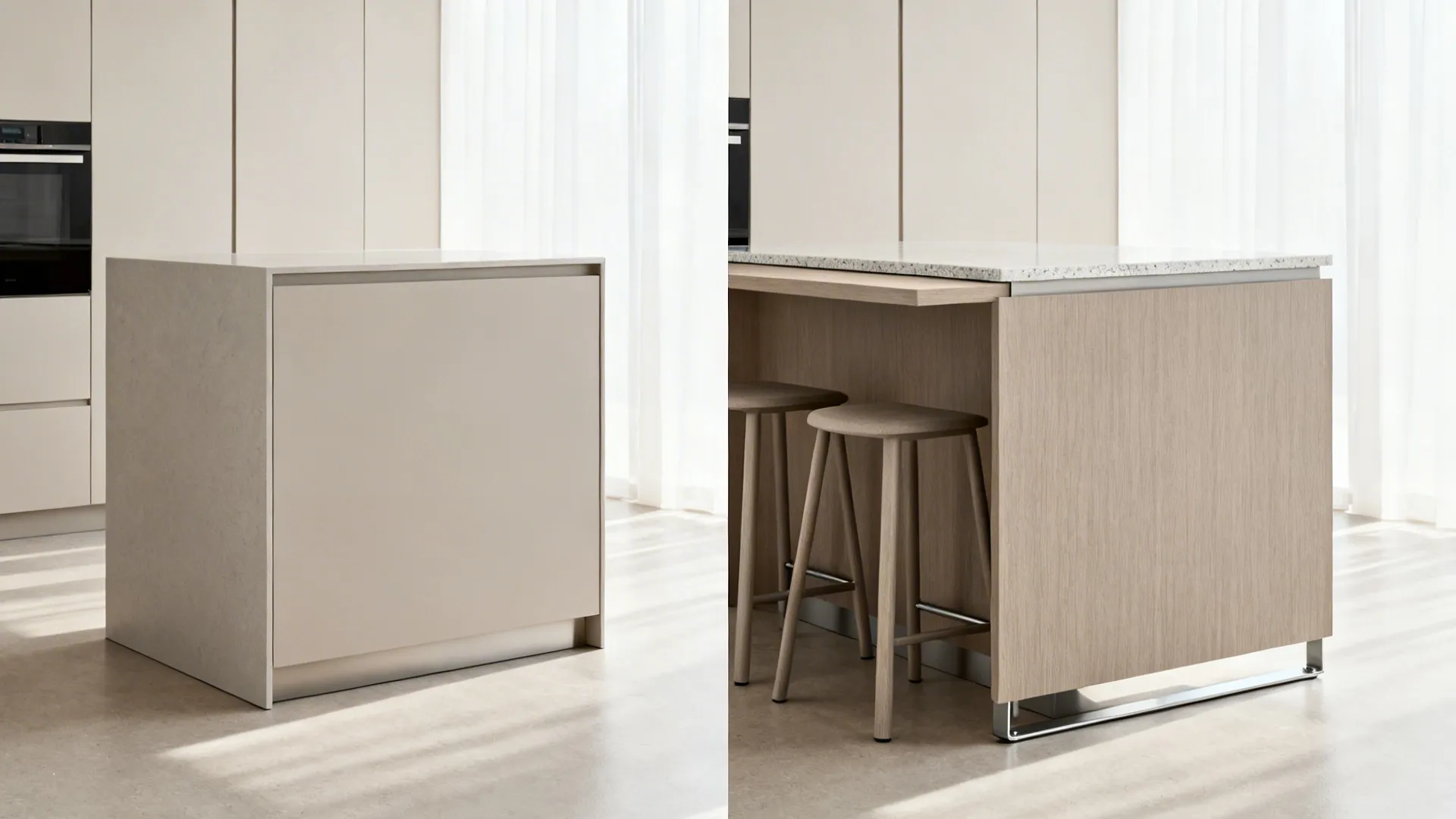Matte durable island back panel with hidden overhang seating and slim stools in soft daylight.