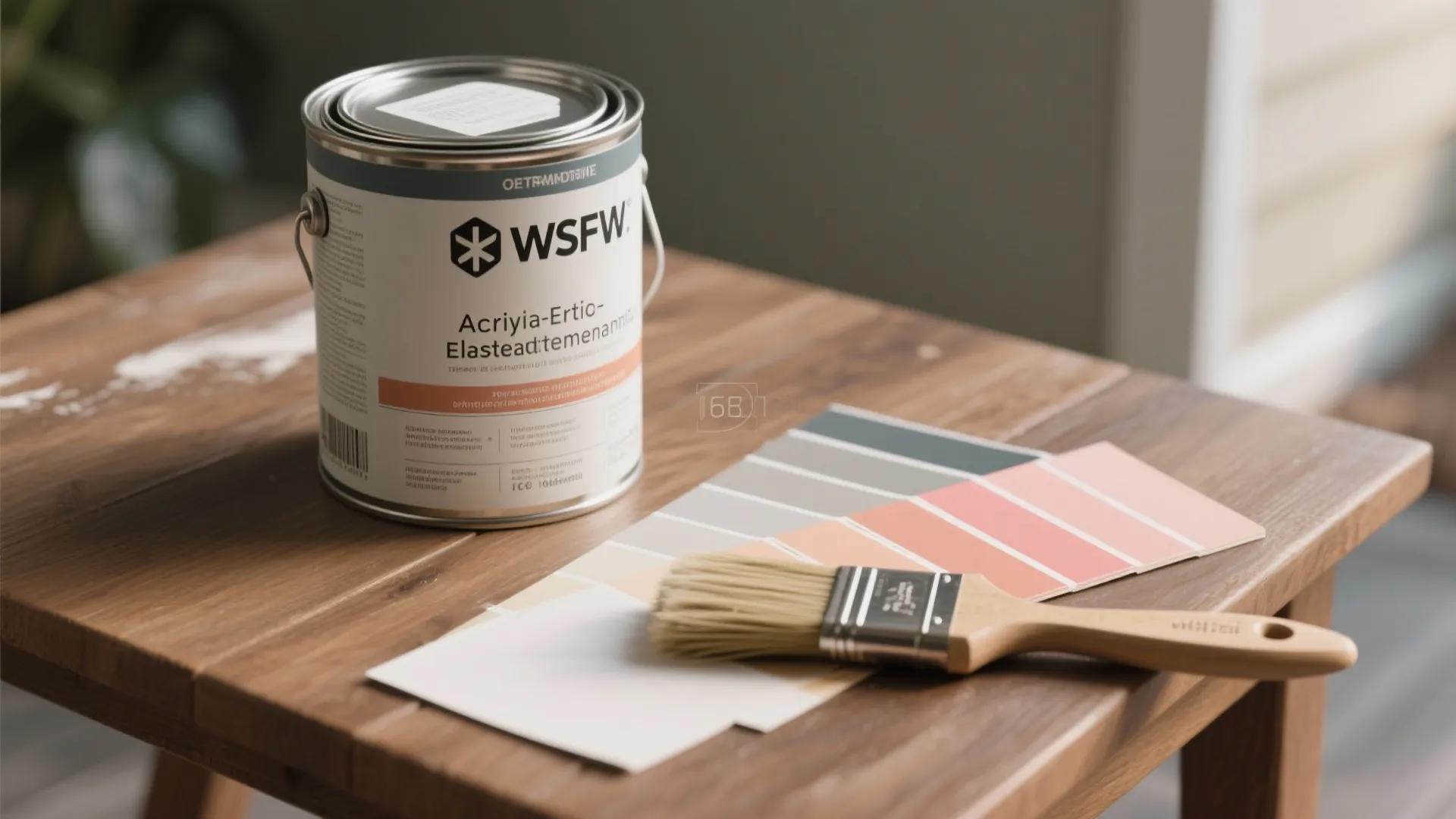 Paint can with color swatches and a wooden brush sitting on a dark wood table