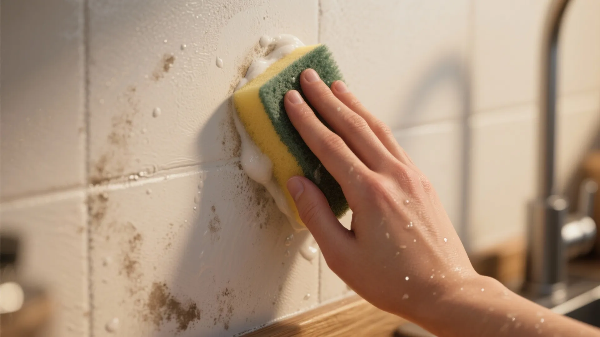 Hand using a soapy sponge to clean dark dirt spots off white kitchen wall tiles