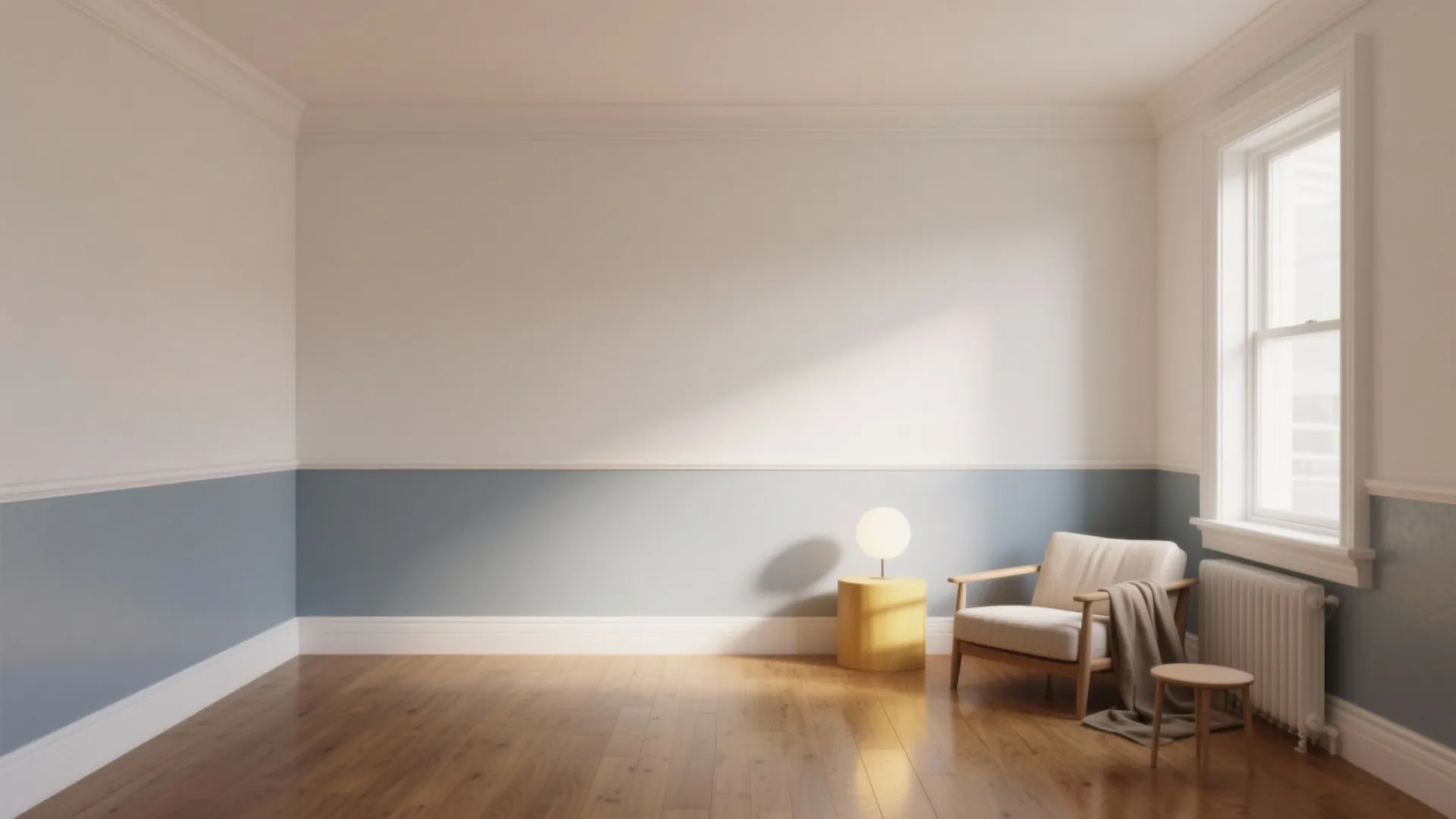 Empty room featuring two tone blue and white wall panel wooden floor and single chair