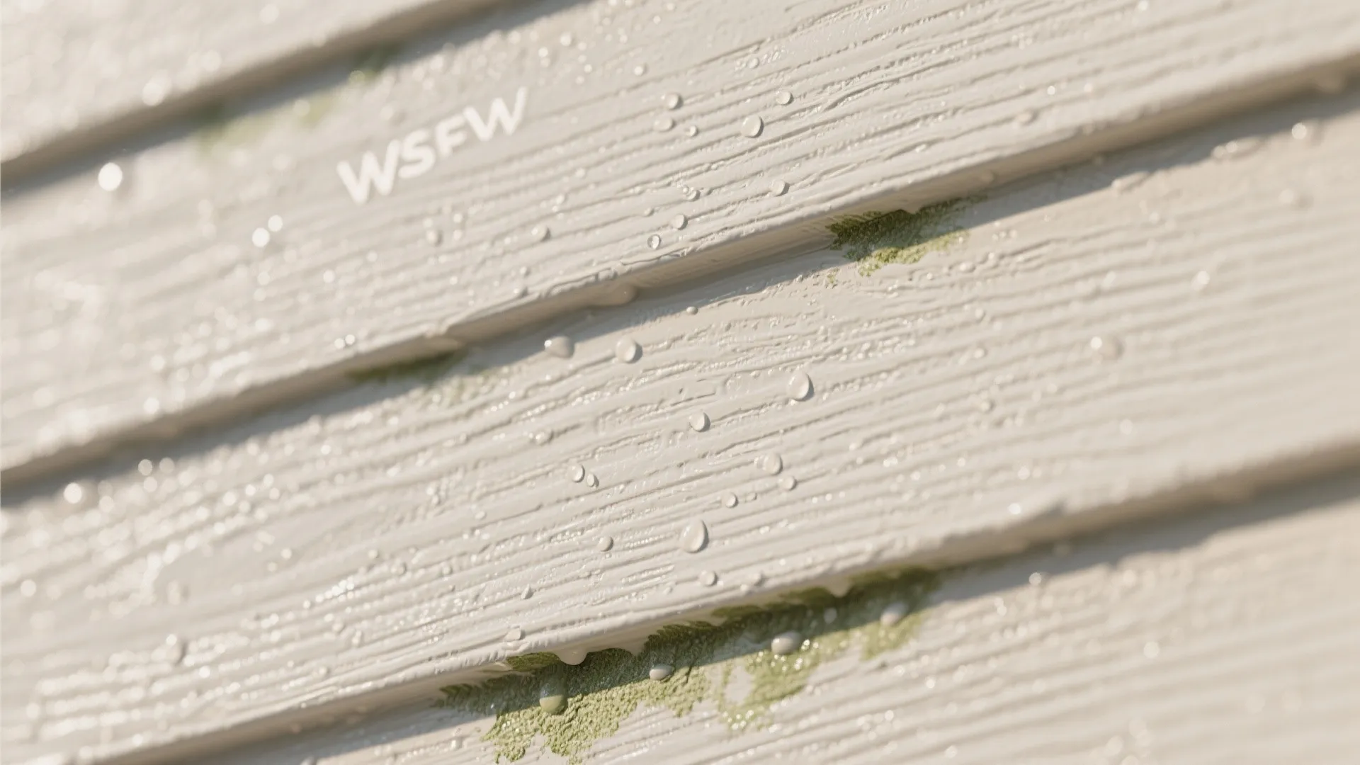 Close up view of light colored wall panel with water drops and some green moss