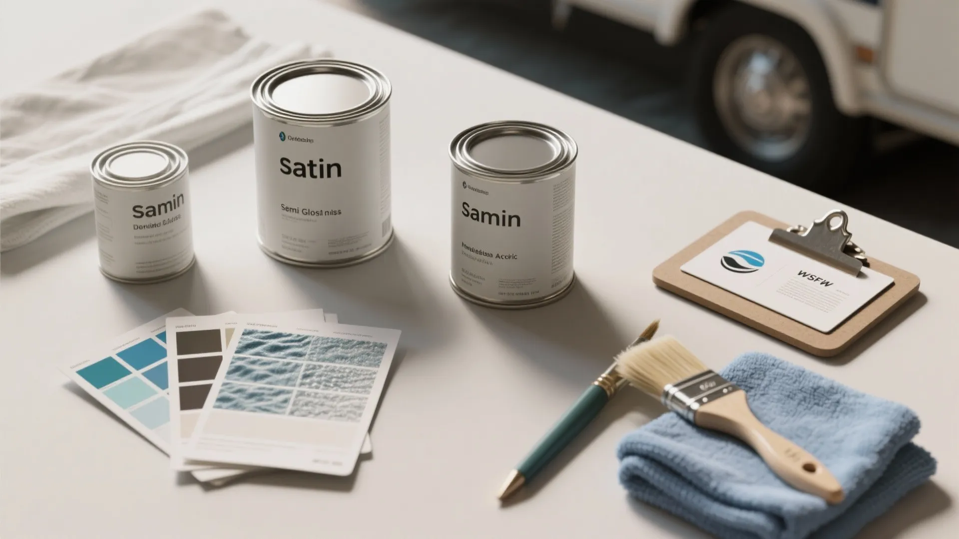 Three white paint cans with color swatches and a brush on a clean white table
