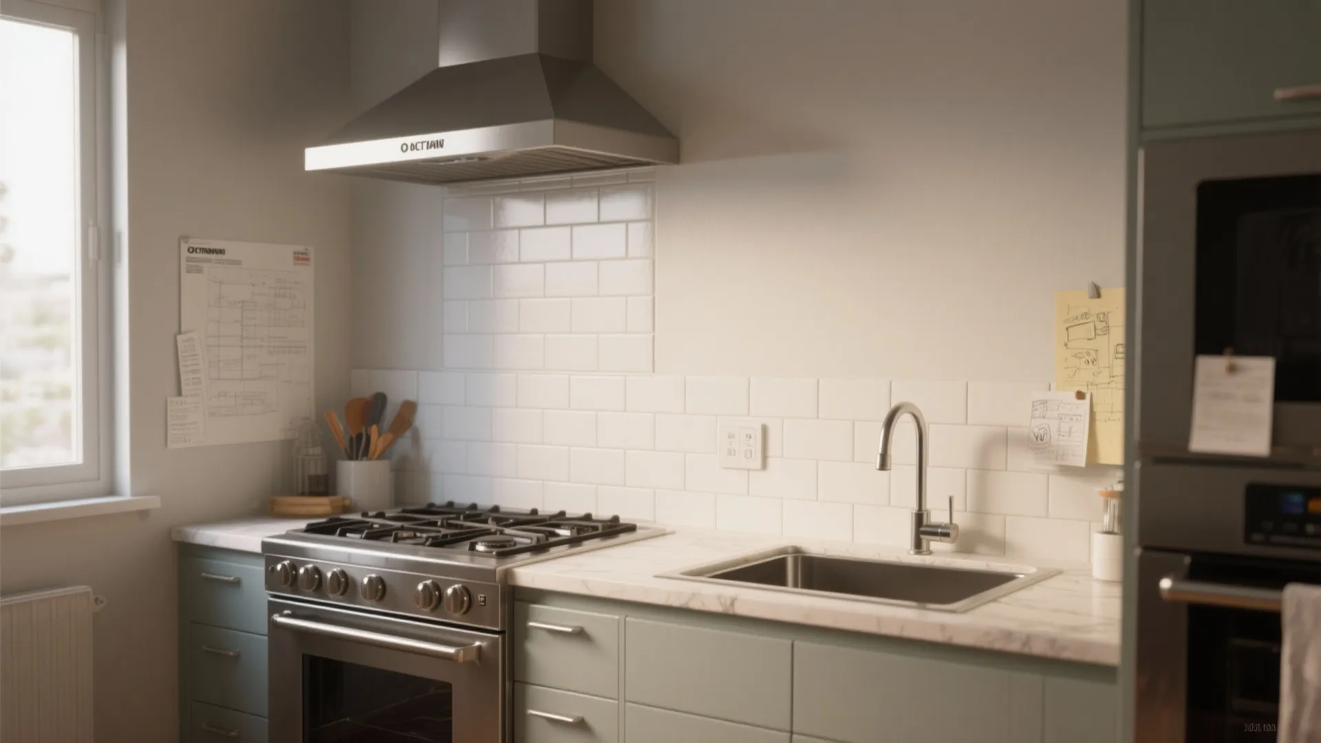 Modern kitchen with a stainless steel stove vent hood white wall tiles and light blue cabinets