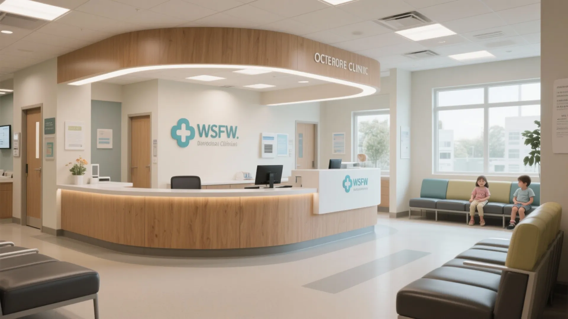 Modern clinic reception area with wood curved desk white counters comfortable seating and natural window light