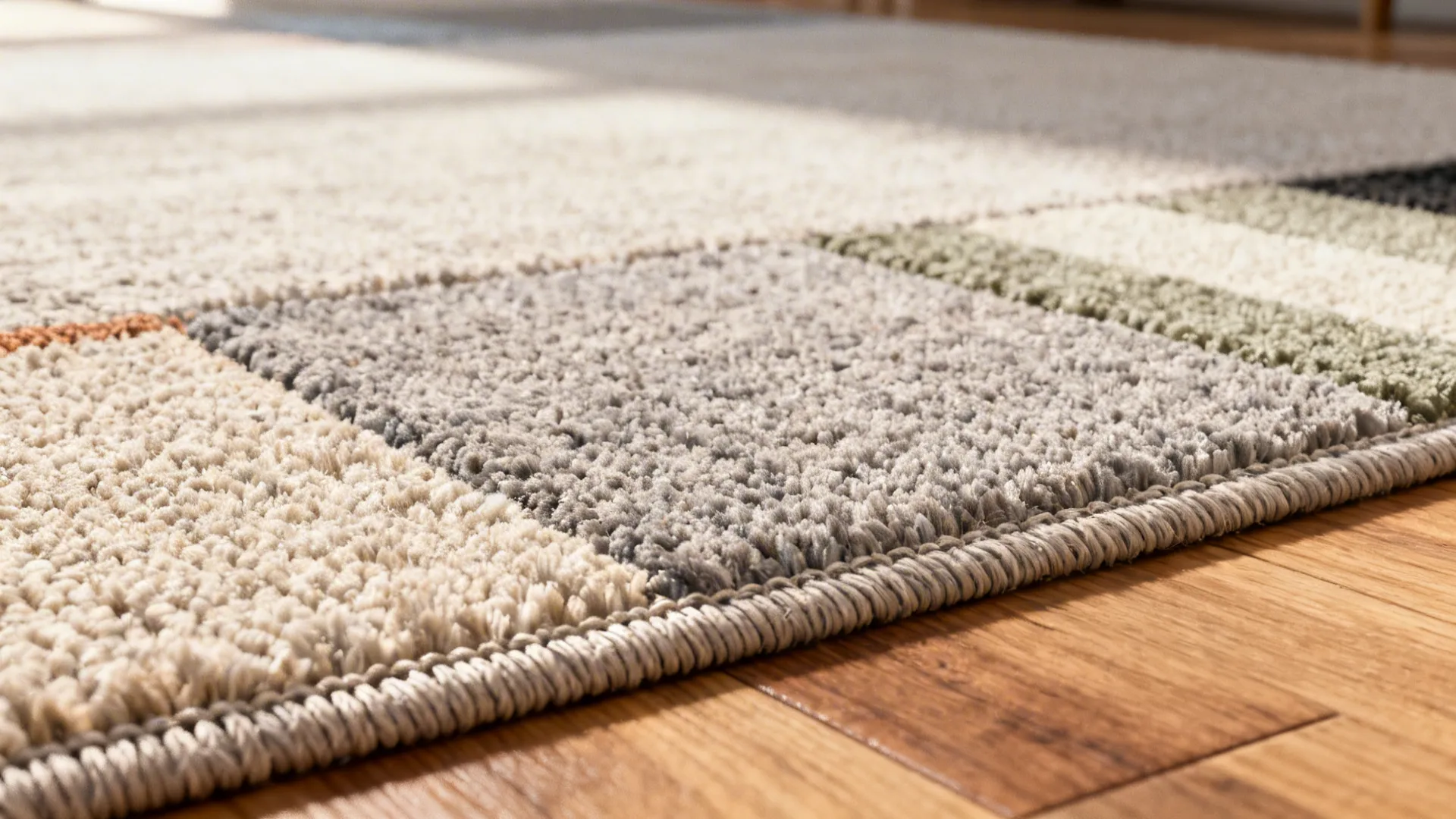 Close-up of low-pile, stain-resistant rug fibers and swatches for high-traffic homes