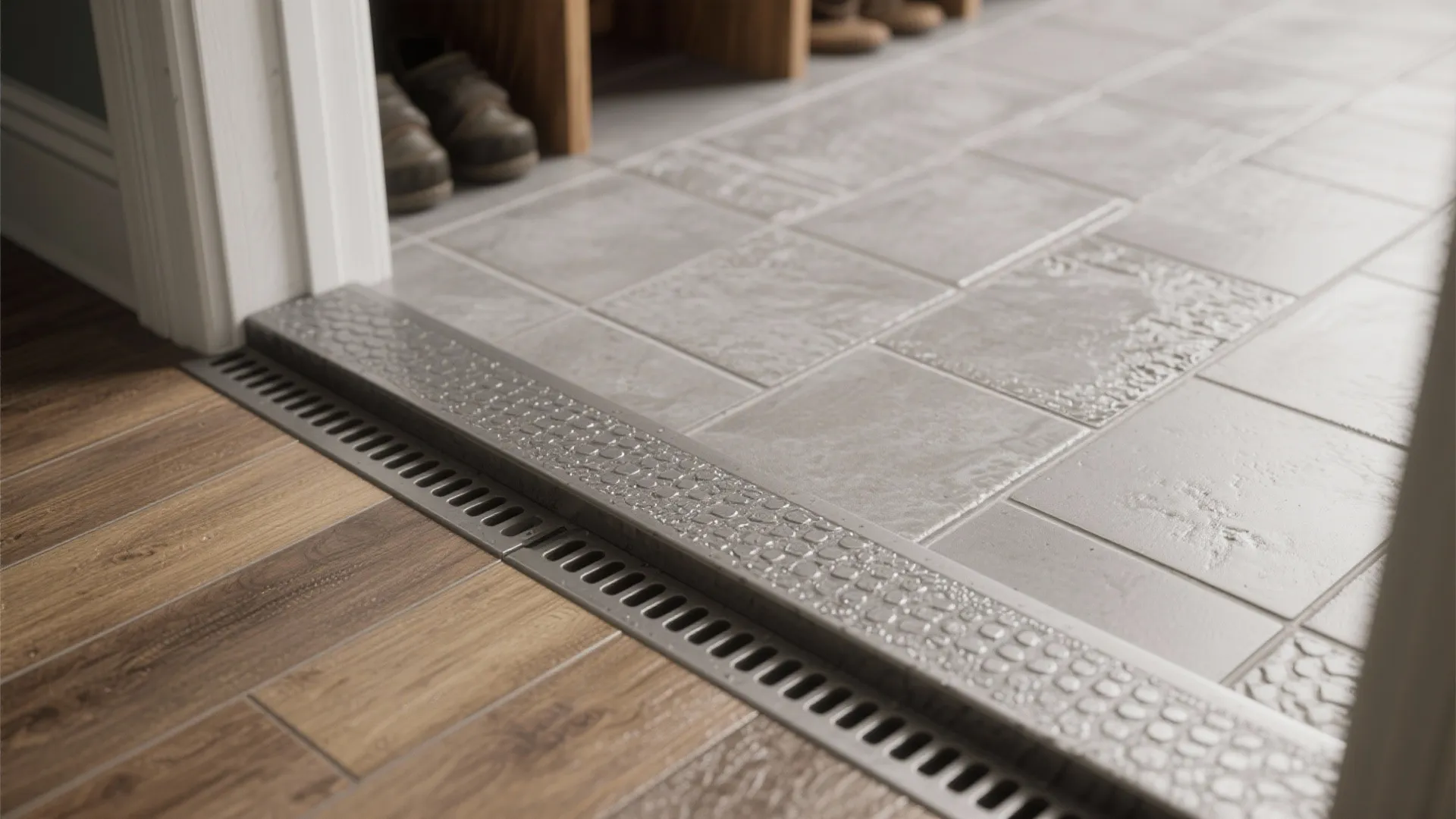 Close-up of textured porcelain tile, LVP edge and a sloped threshold drain for mudroom durability