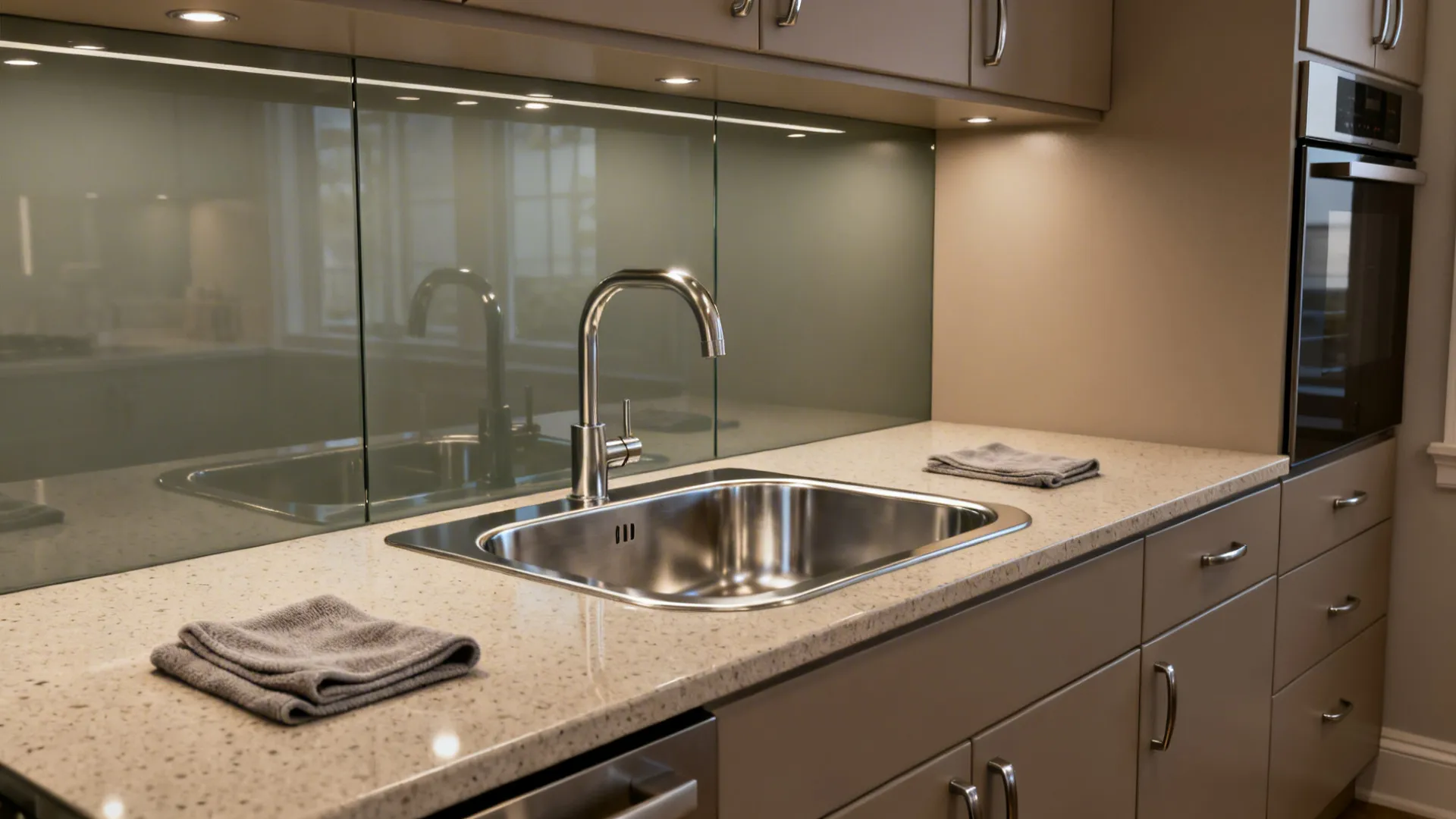 Compact kitchen with quartz countertop, reflective slab backsplash, and a stainless single-bowl sink.