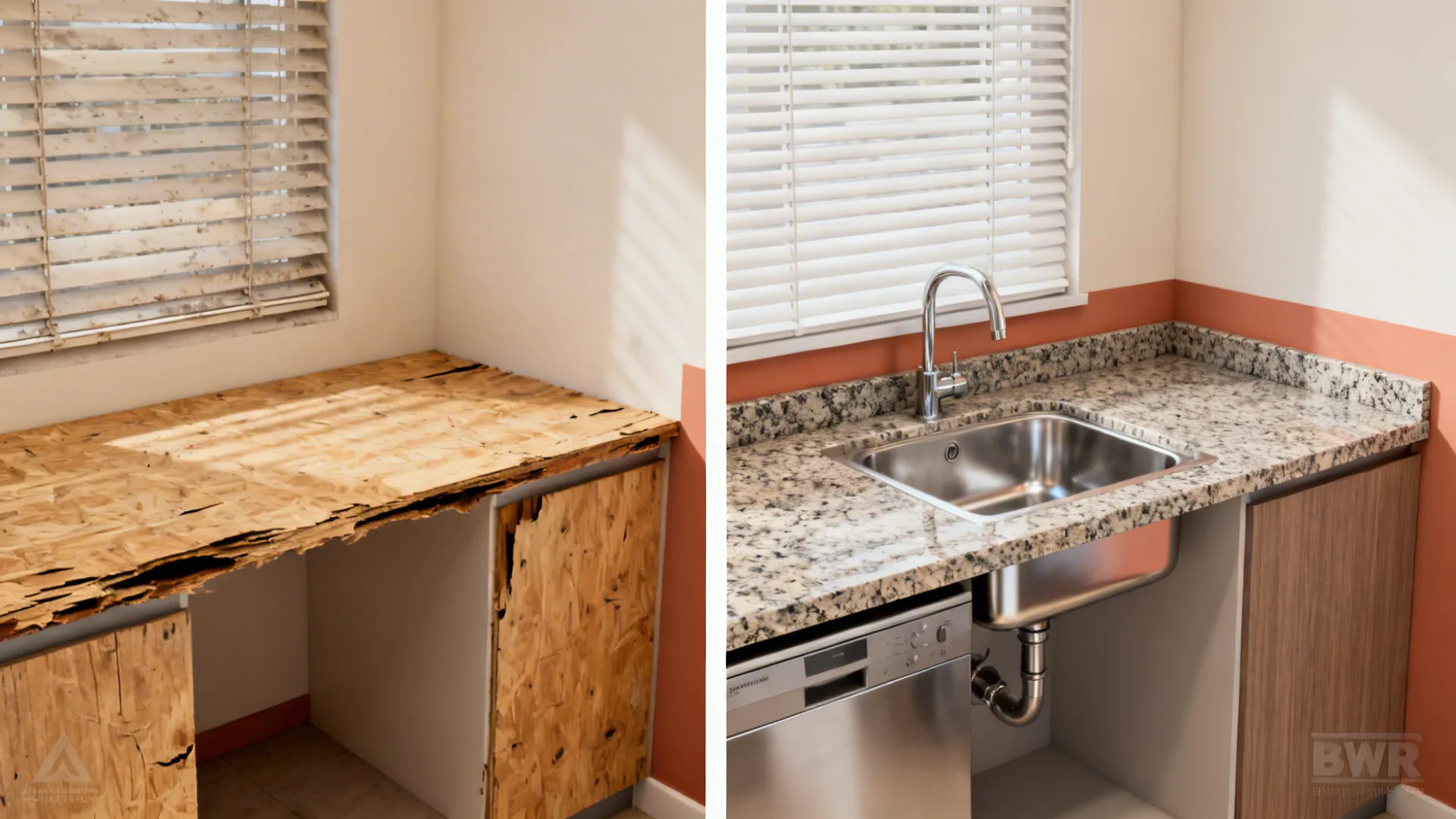 Before and after showing old swollen plywood replaced by stone counter, PVC shutters, and stone skirting.