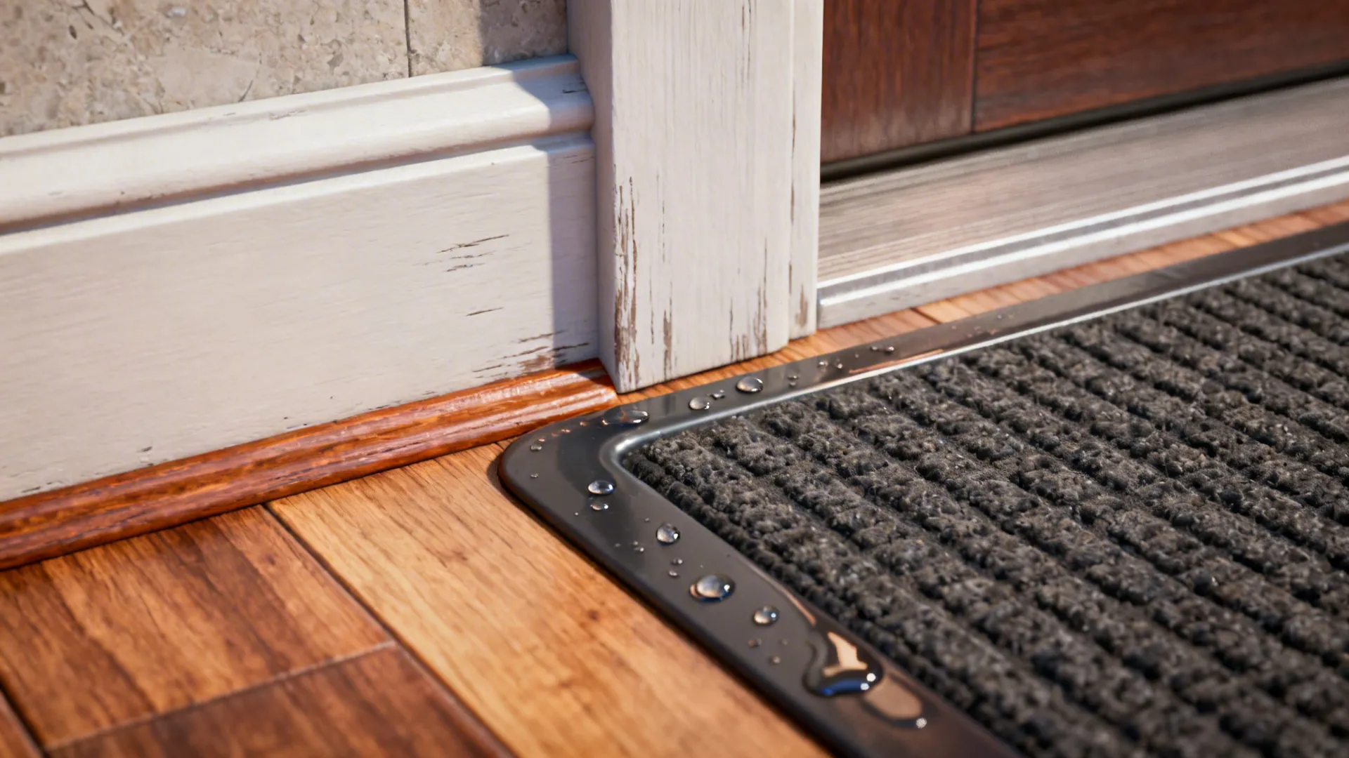 Close-up of durable laminate and painted hardwood finishes and a coated mat suitable for entryways.