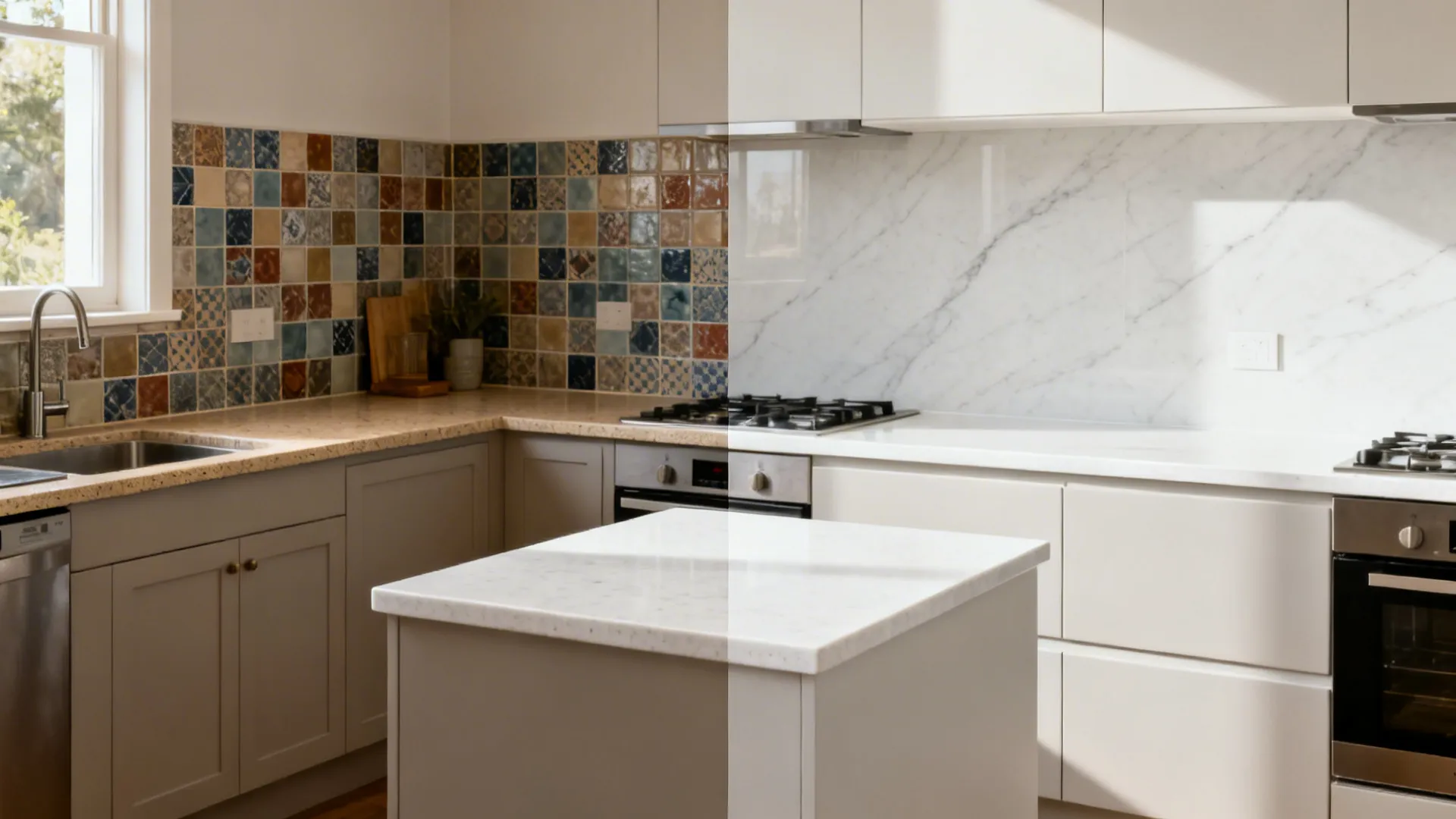 Before-and-after of a small kitchen upgrading to quartz counters, porcelain slab backsplash, and matte cabinets.
