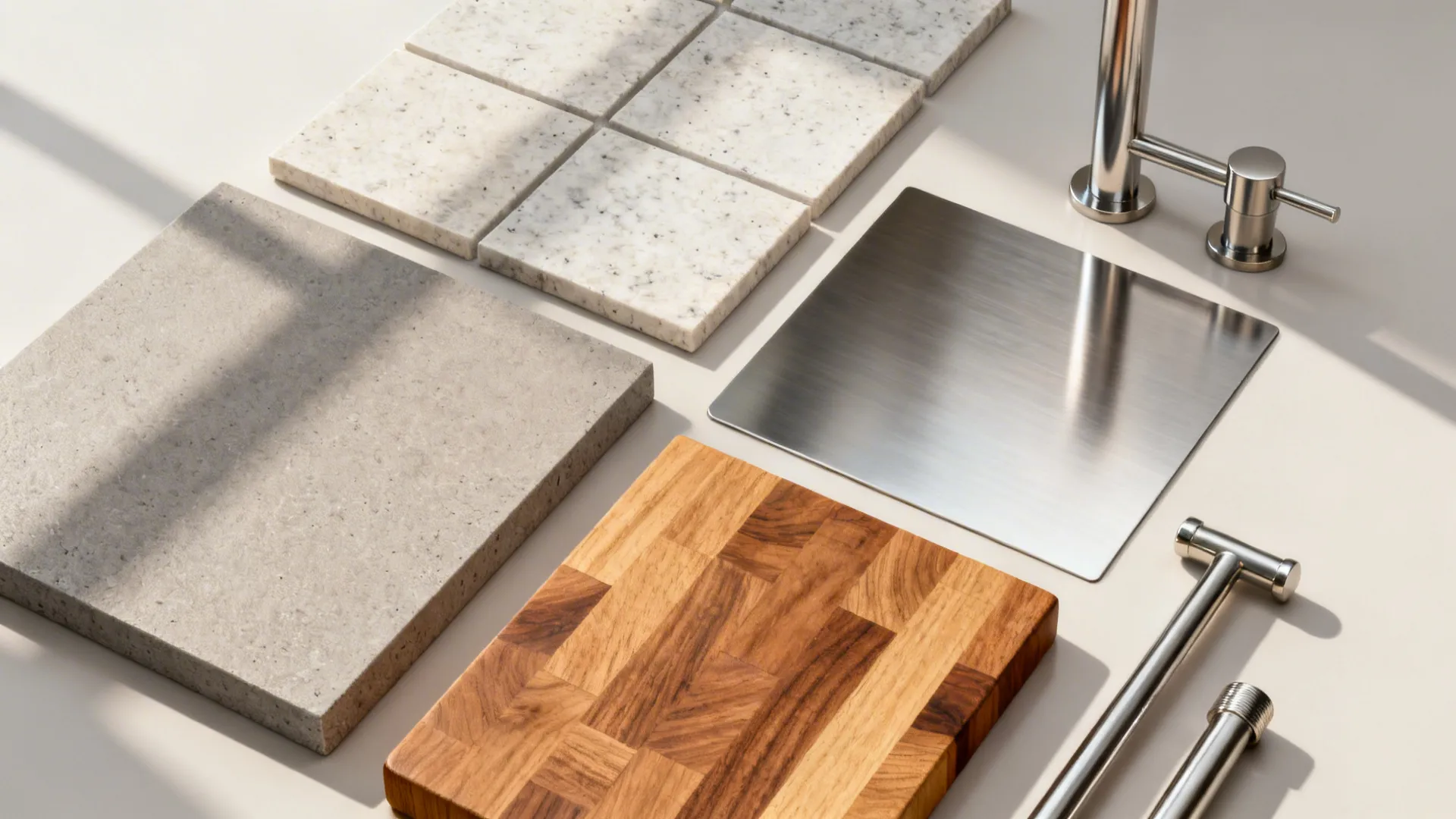 Flat lay of quartz, sintered stone, butcher block, and stainless with neutral palette swatches.