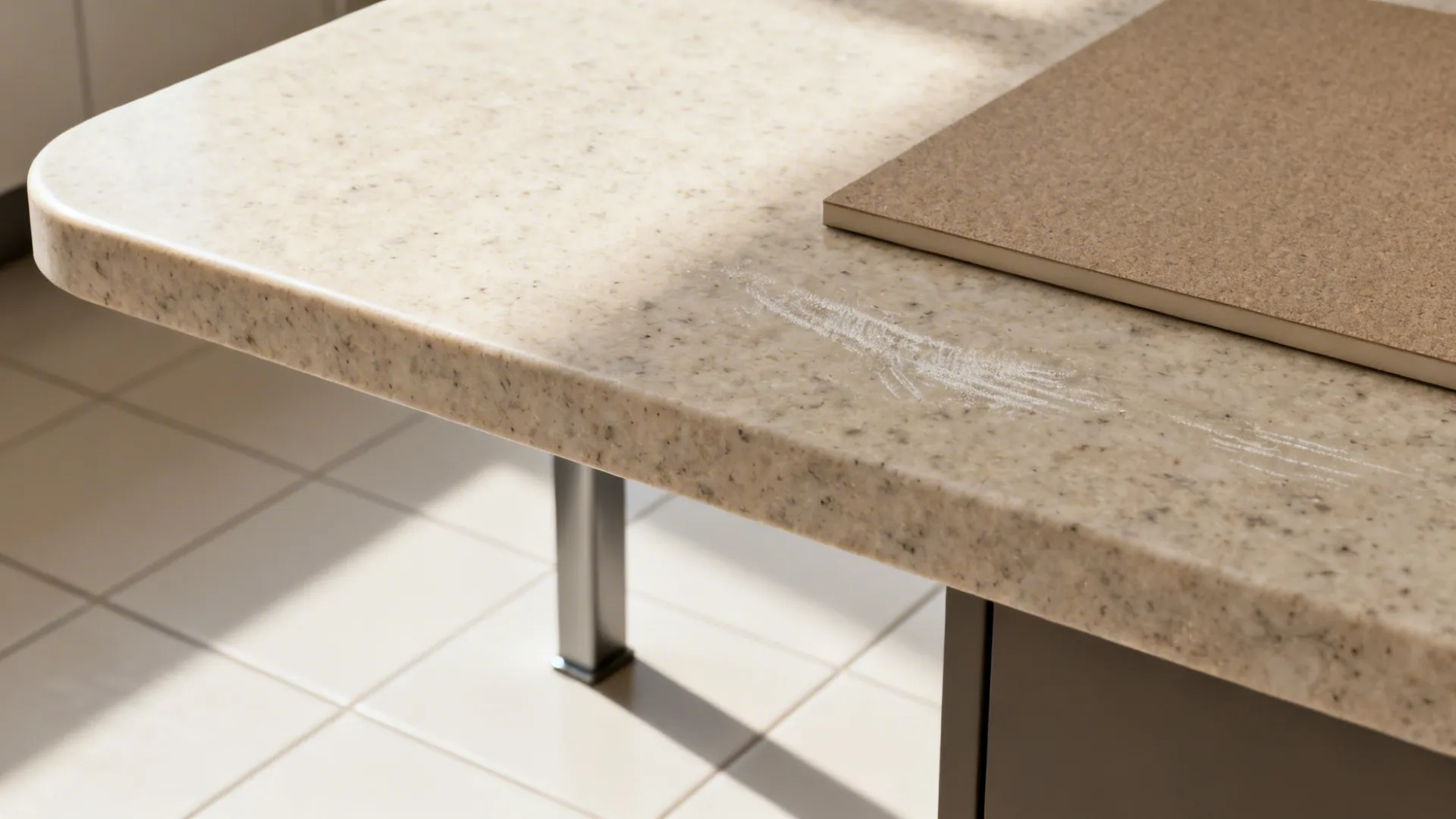 Macro detail of quartz edge, compact laminate, powder-coated steel, and porcelain floor tile.
