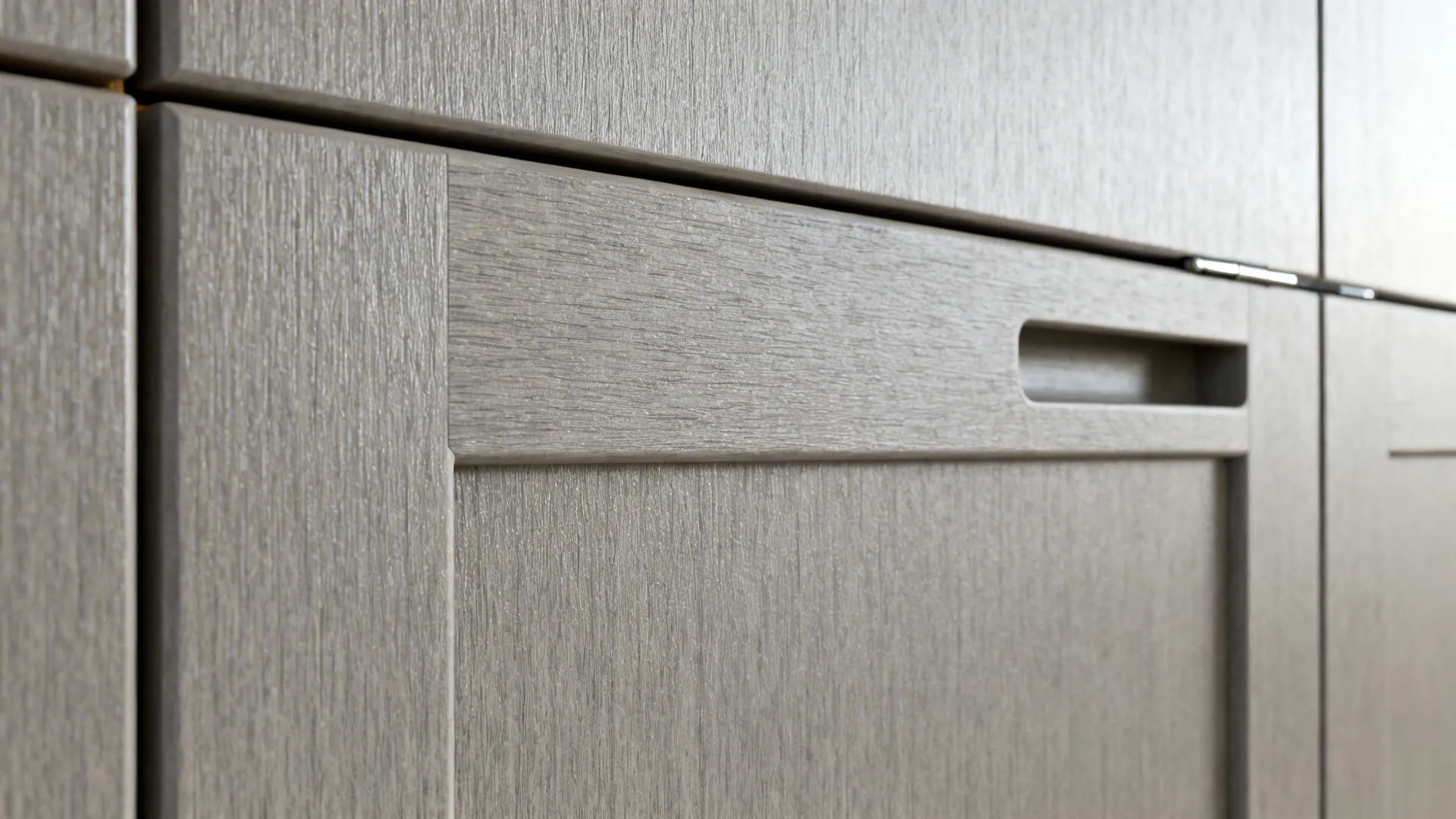 Macro of textured fingerprint-resistant laminate on a fiber door with soft-close hinge.