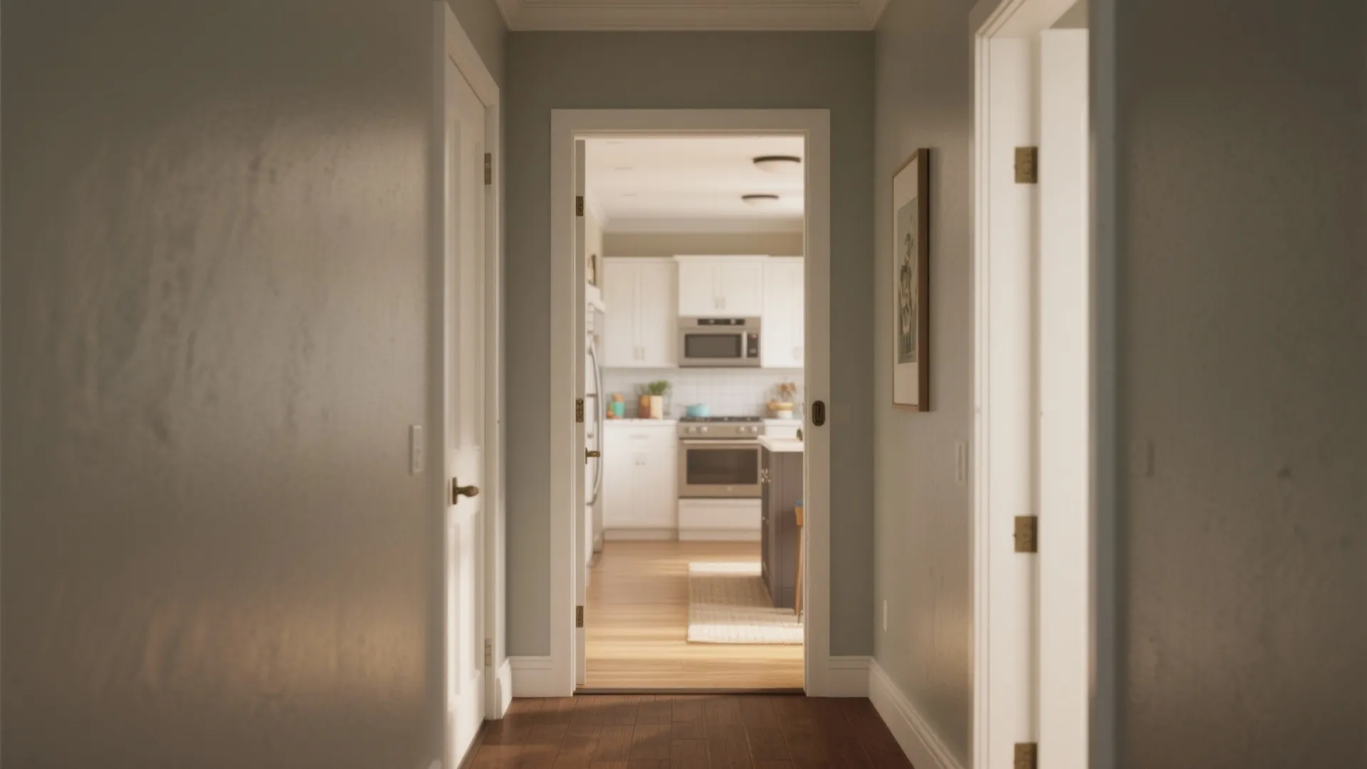 Entryway and hallway painted in a mid-tone washable finish designed for high-traffic durability and easy cleaning.