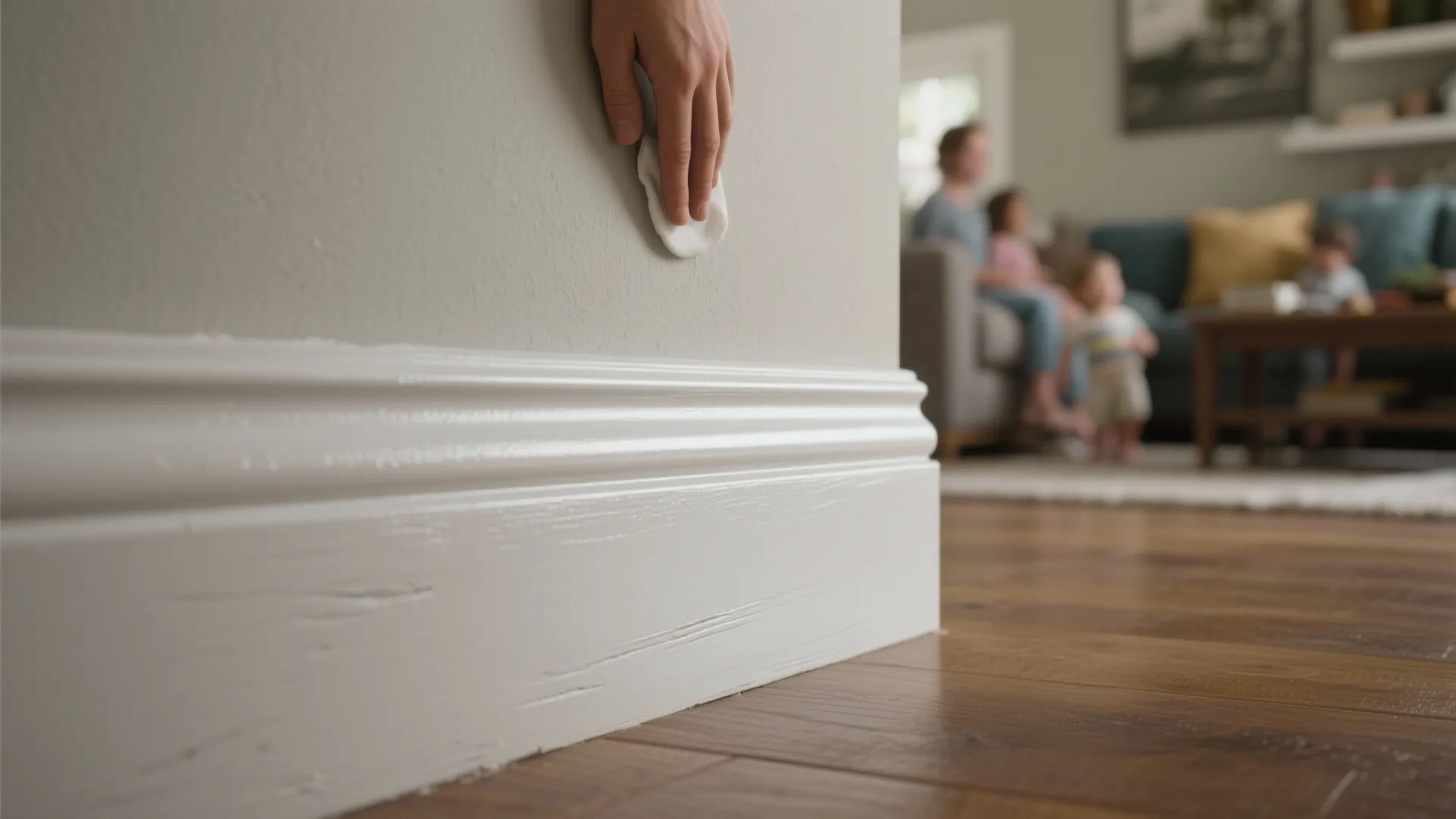 Hand cleaning a white wall panel with a sponge in a room with wooden floor boards