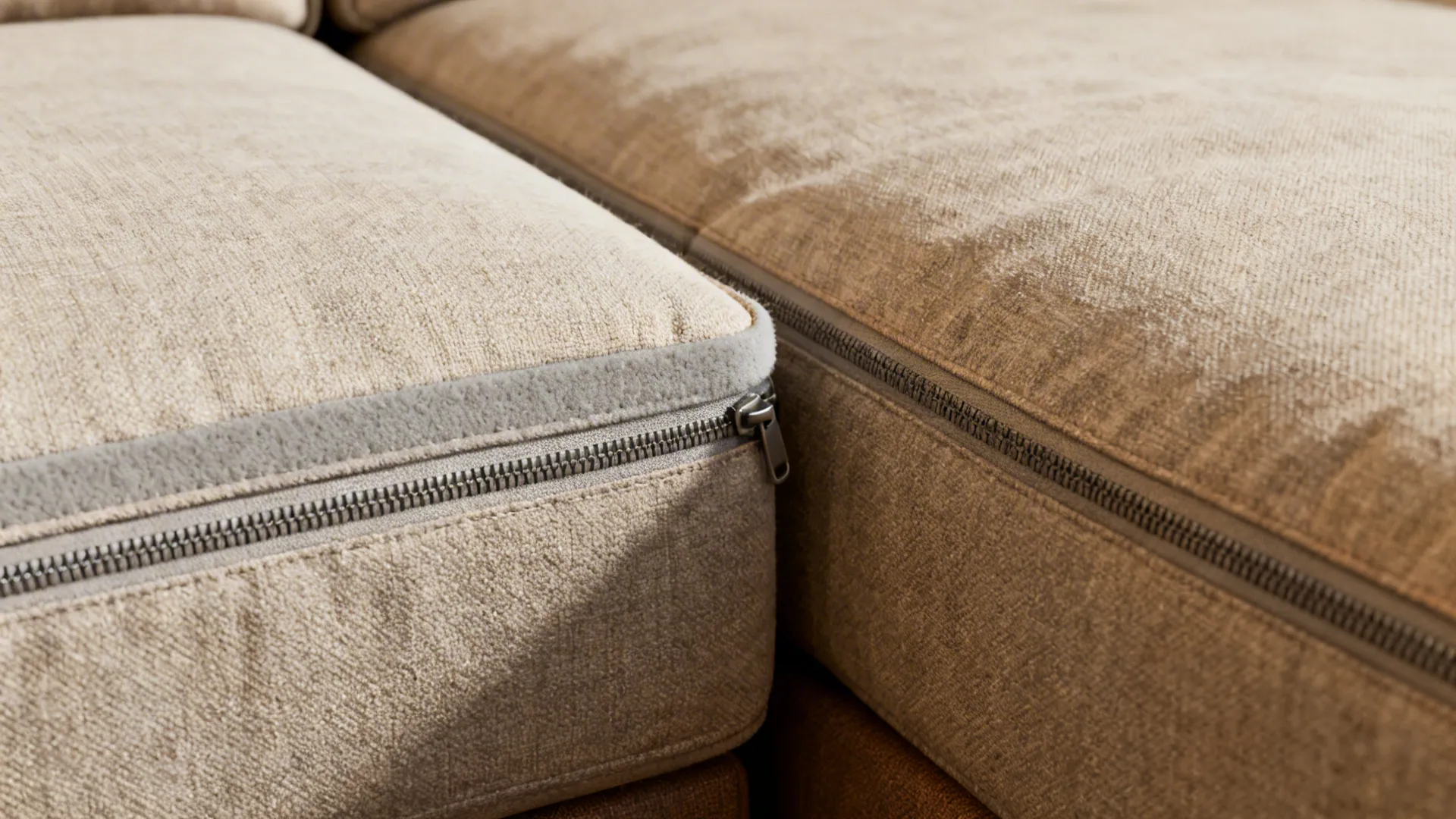 Close-up of sectional upholstery with a visible zipper and durable fabric suitable for families and pets.