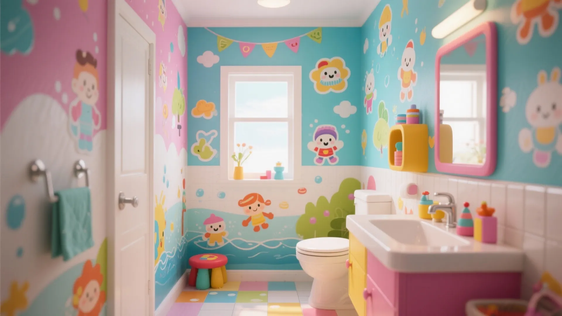Colorful kids bathroom with cute wall stickers white wall panel pink cabinet and small stool