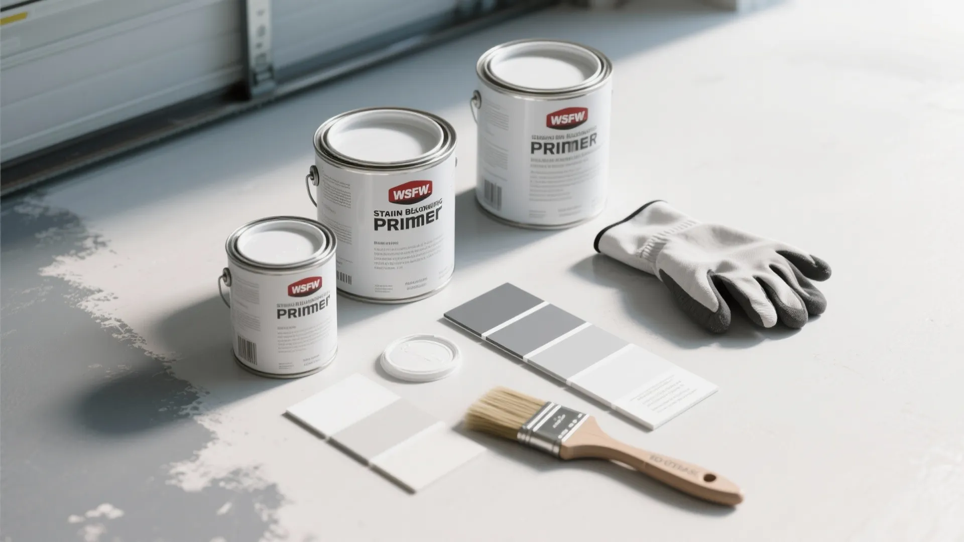 Three white paint cans with color swatches plus a paint brush and glove on floor