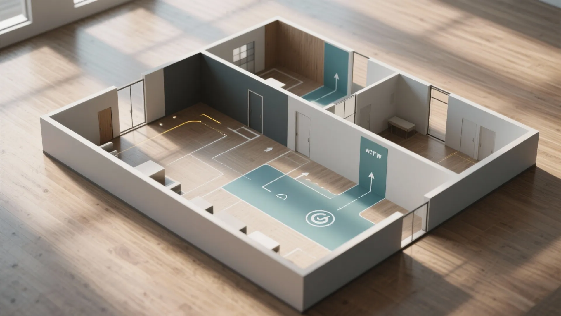 Interior design drawing of house layout showing room zones with blue highlights and white arrows