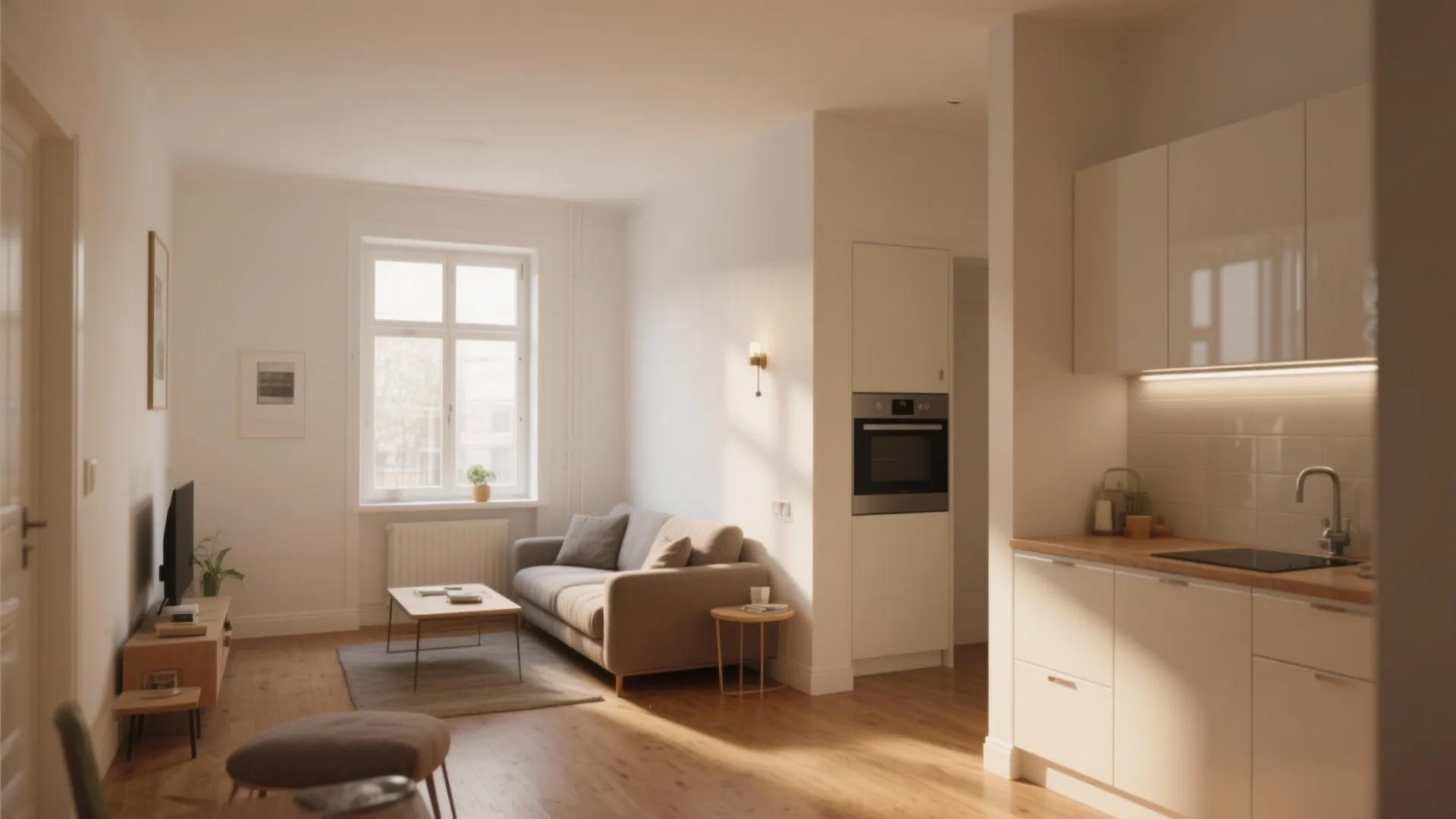 Modern small apartment with grey sofa wooden floor white kitchen cabinets window and natural light