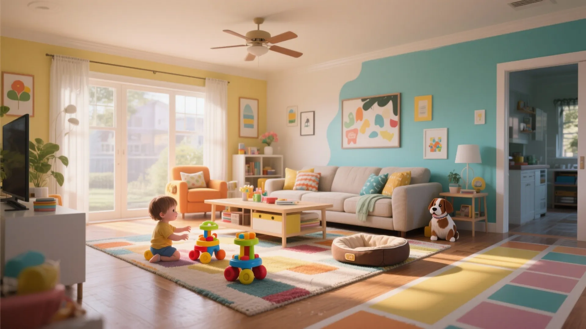 Colorful family living room with yellow and teal walls large windows sofa and kids play area