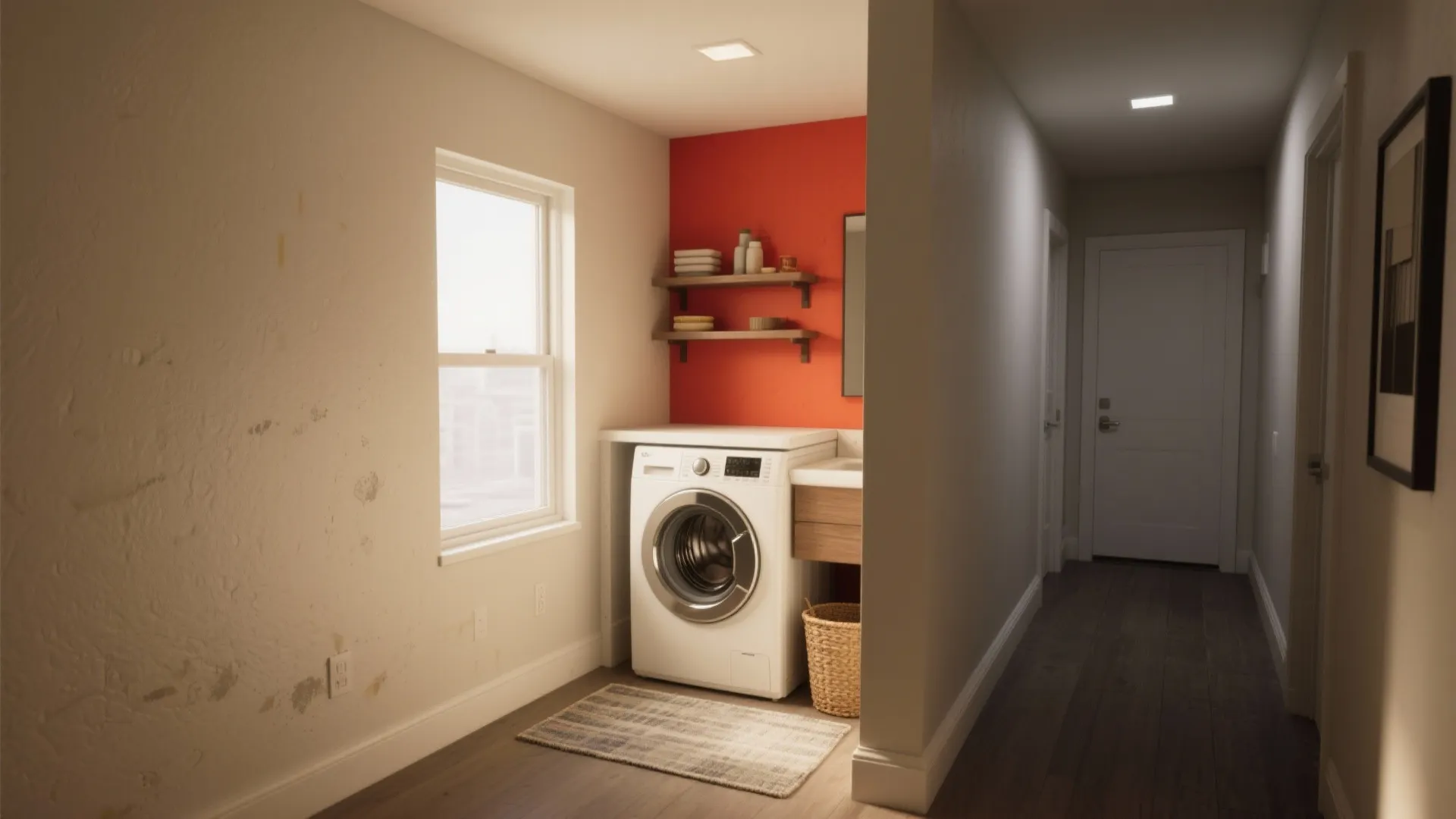 Laundry area with washing machine orange wall shelves and a hallway with dark wood flooring