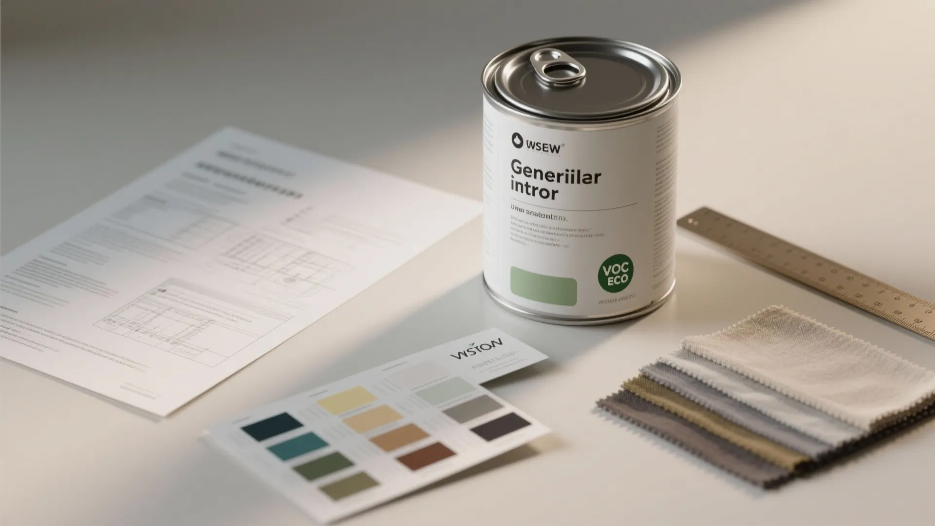 A paint can with color swatches fabric samples and interior design drawing on white table surface