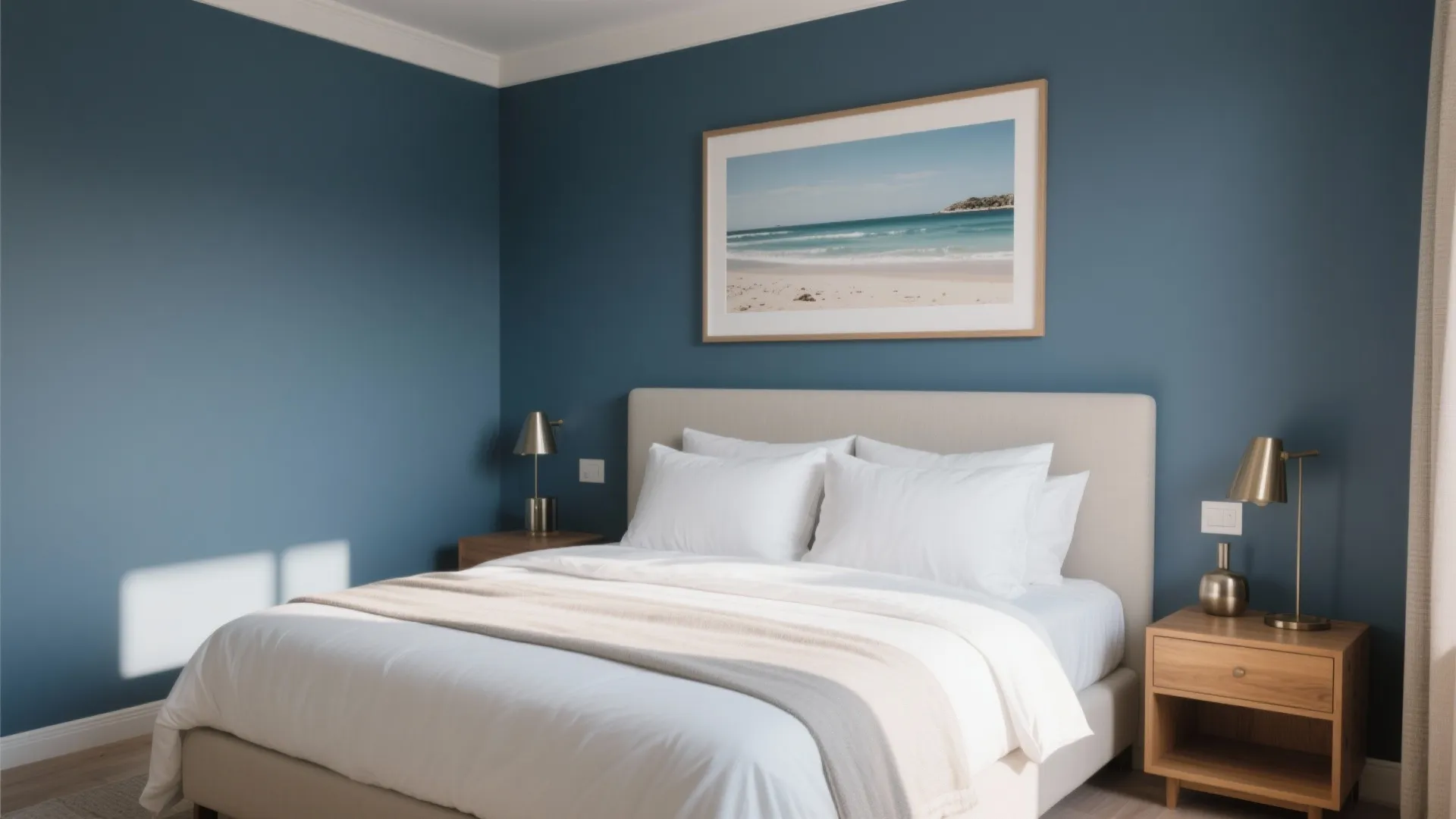 Modern bedroom featuring dusky blue walls white bedding wooden bedside tables and a beach framed picture