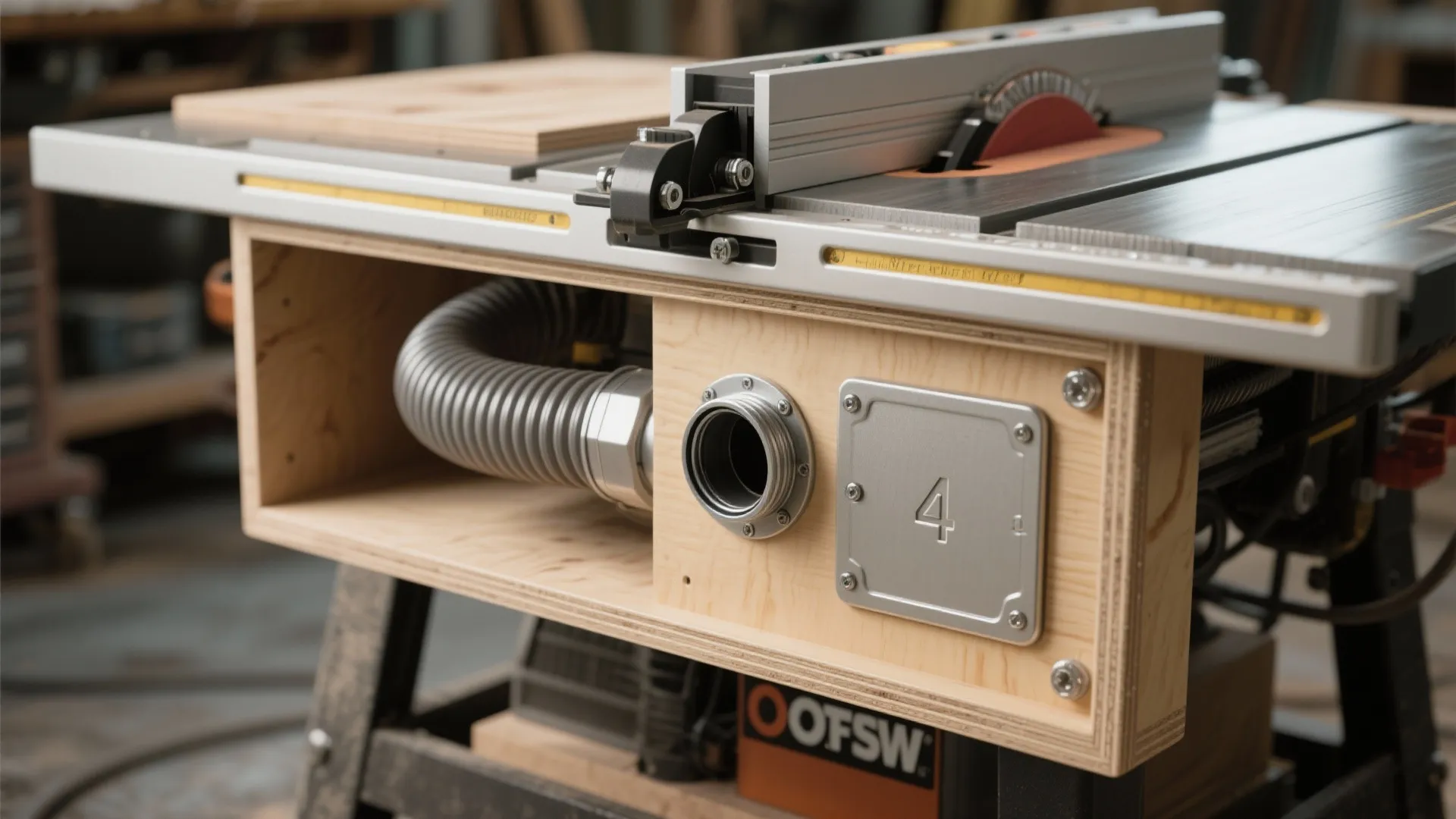 Close-up of a table saw base with a routed 4-inch dust port, removable panel and sealed fittings.