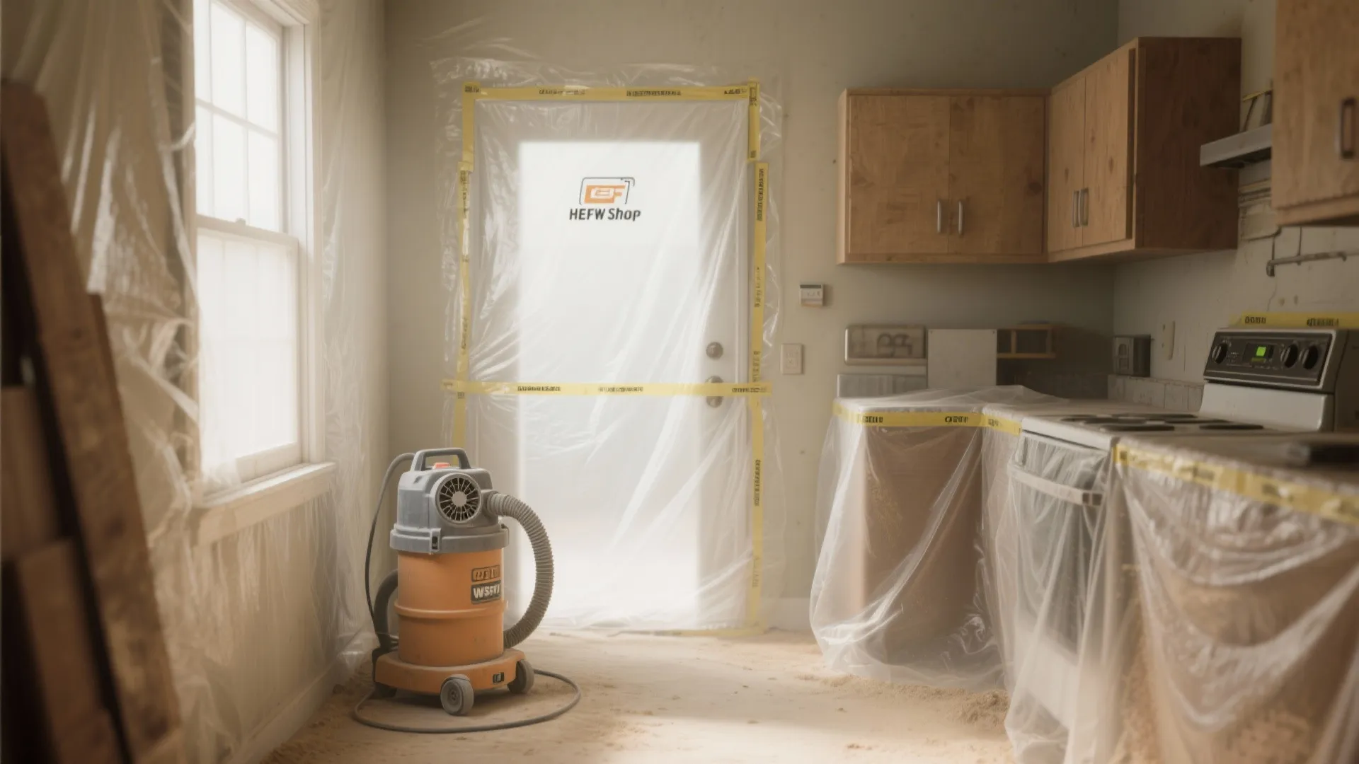 Kitchen renovation area covered in plastic sheets with vacuum for dust control near the cabinets