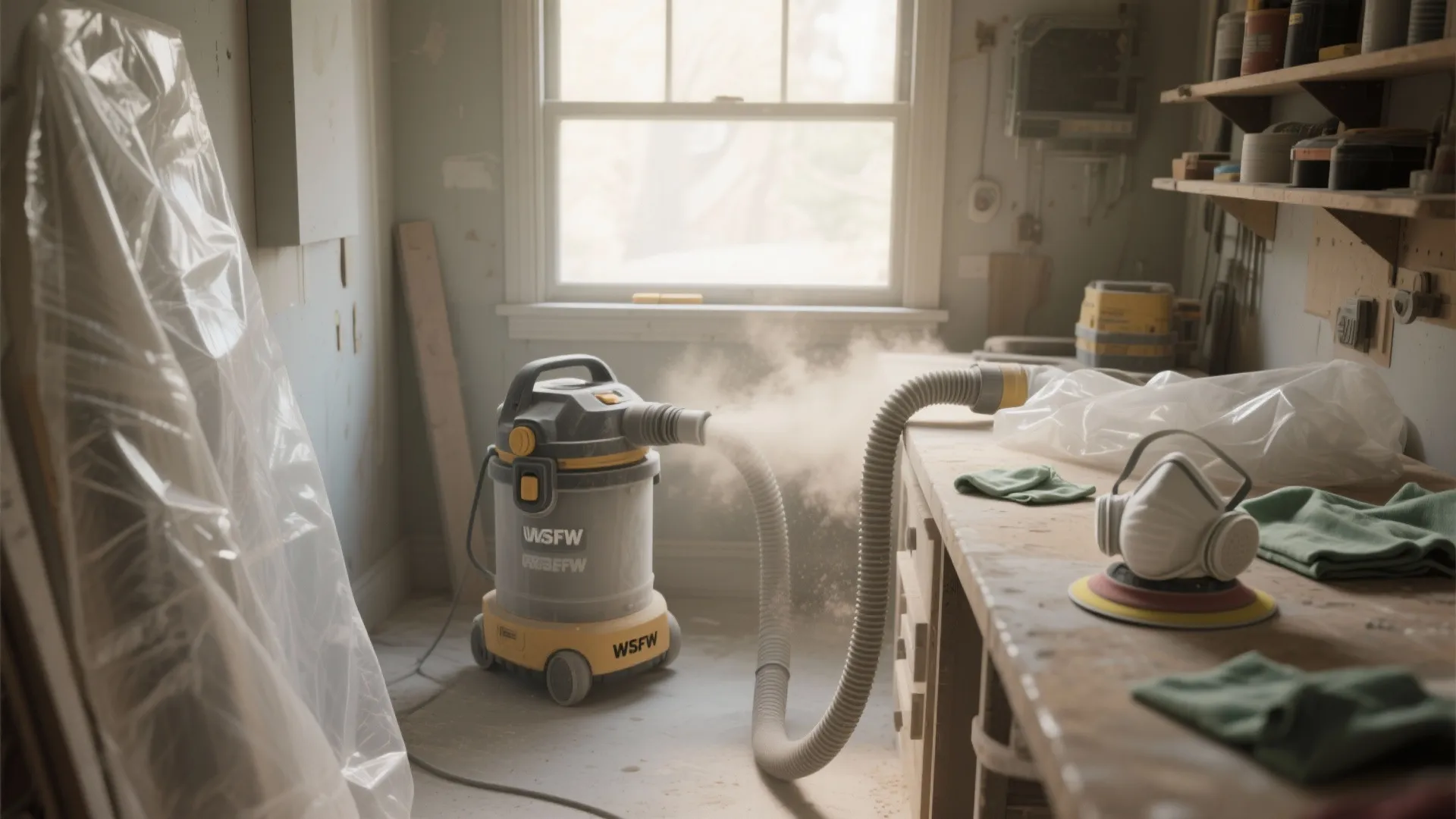Industrial vacuum cleaner removing dust from a wood workshop table with a white safety mask