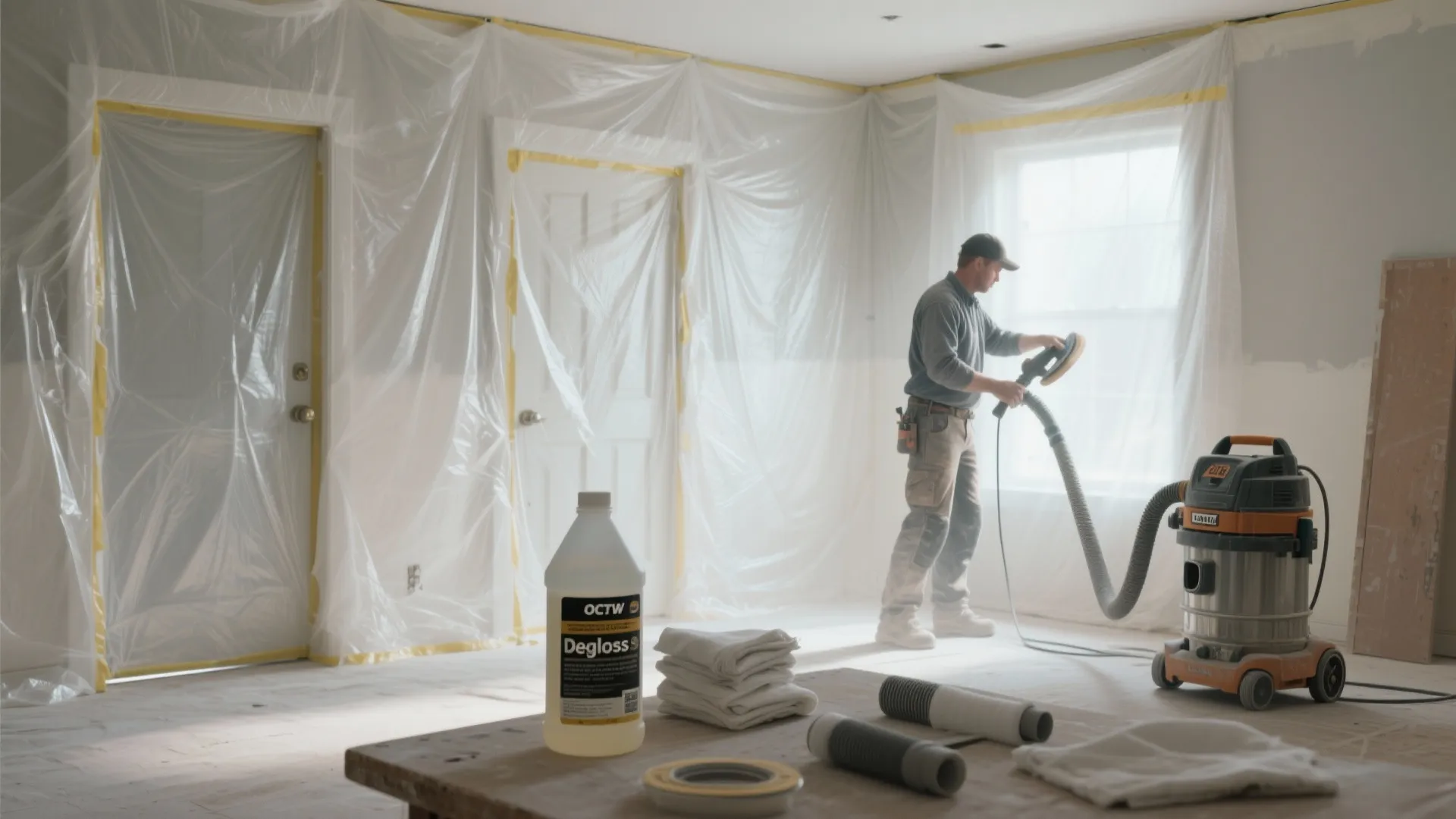 Room sealed with plastic sheeting, a shop vac with sanding attachment, tack cloths, and a deglosser on the table.