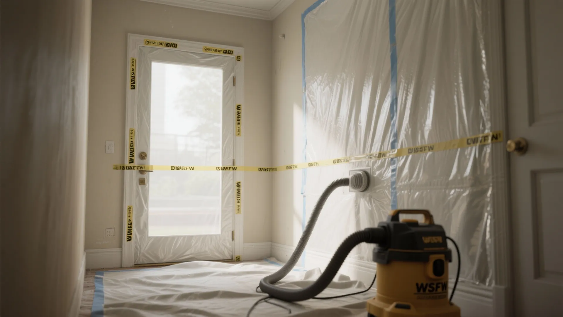 Room renovation setup with plastic sheets covering walls and vacuum machine for keeping the air clean