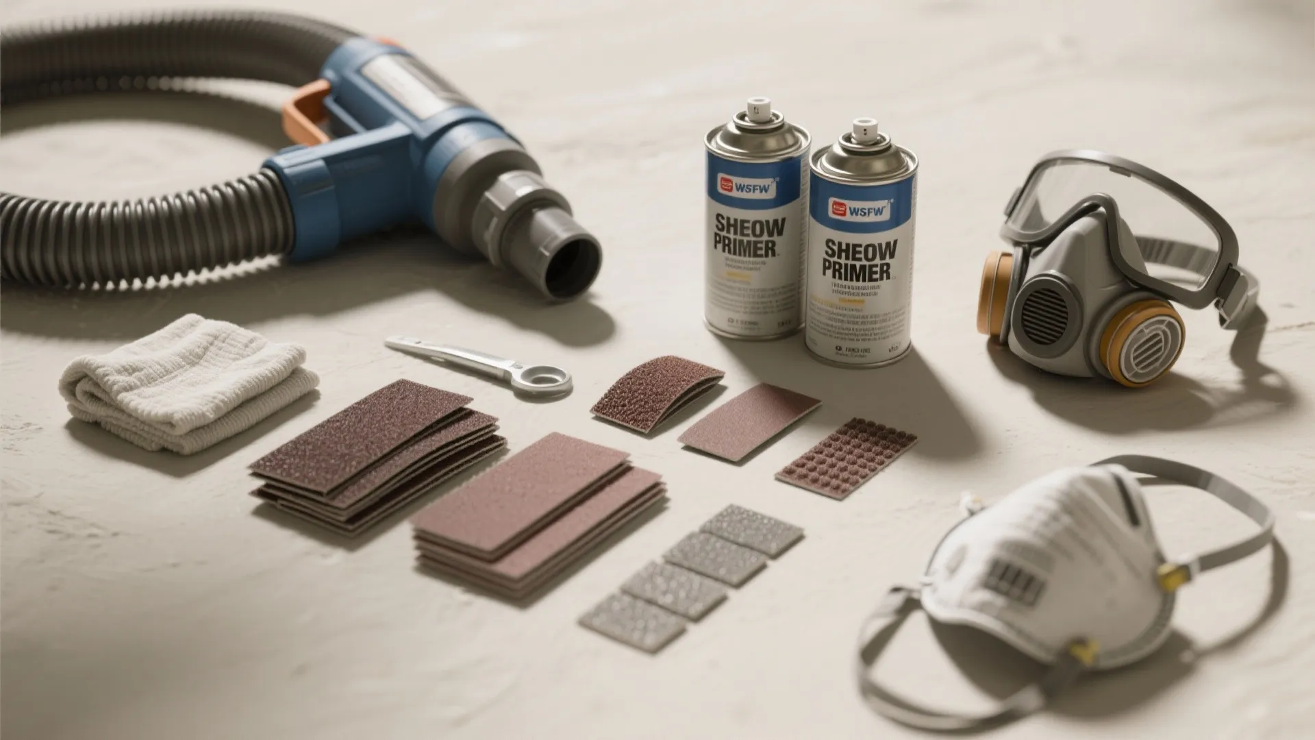 Sanding supplies including sandpaper sheets face mask spray cans and vacuum hose on a floor