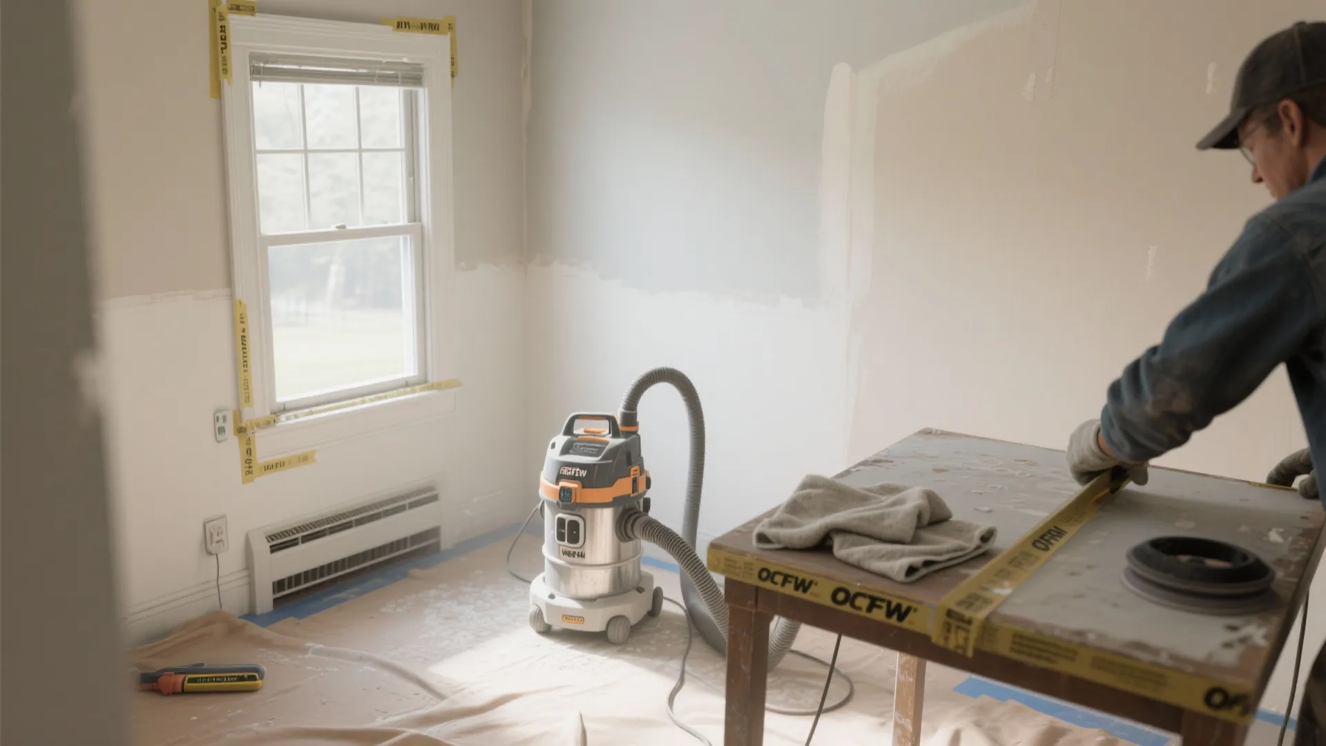 Room renovation scene with vacuum cleaner on floor and man preparing table using yellow tape